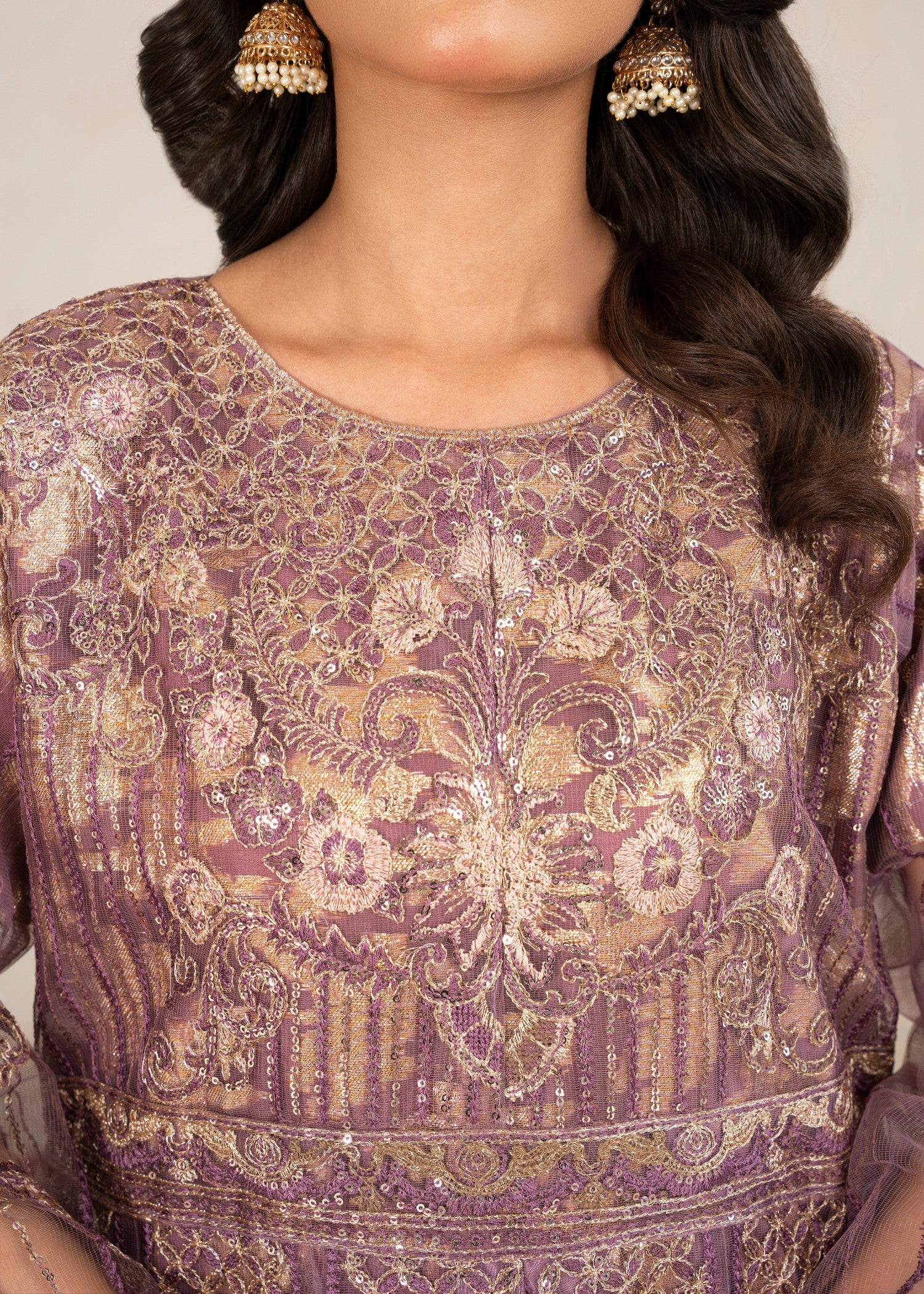 organza zari jacquard Pishwas in Lilac