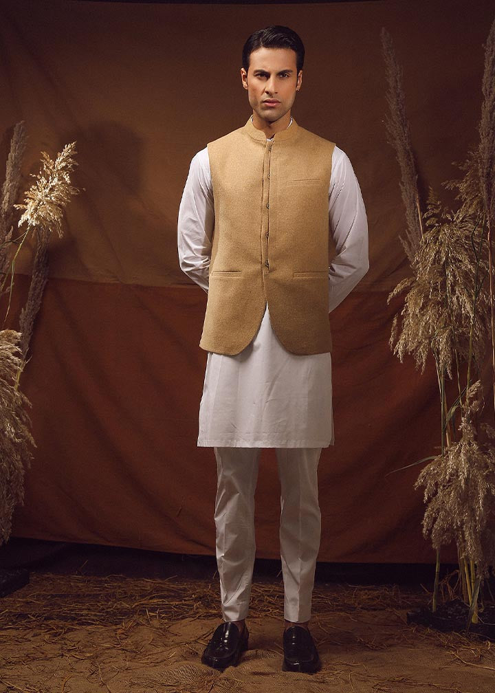 twill khaddar Waistcoat in Beige