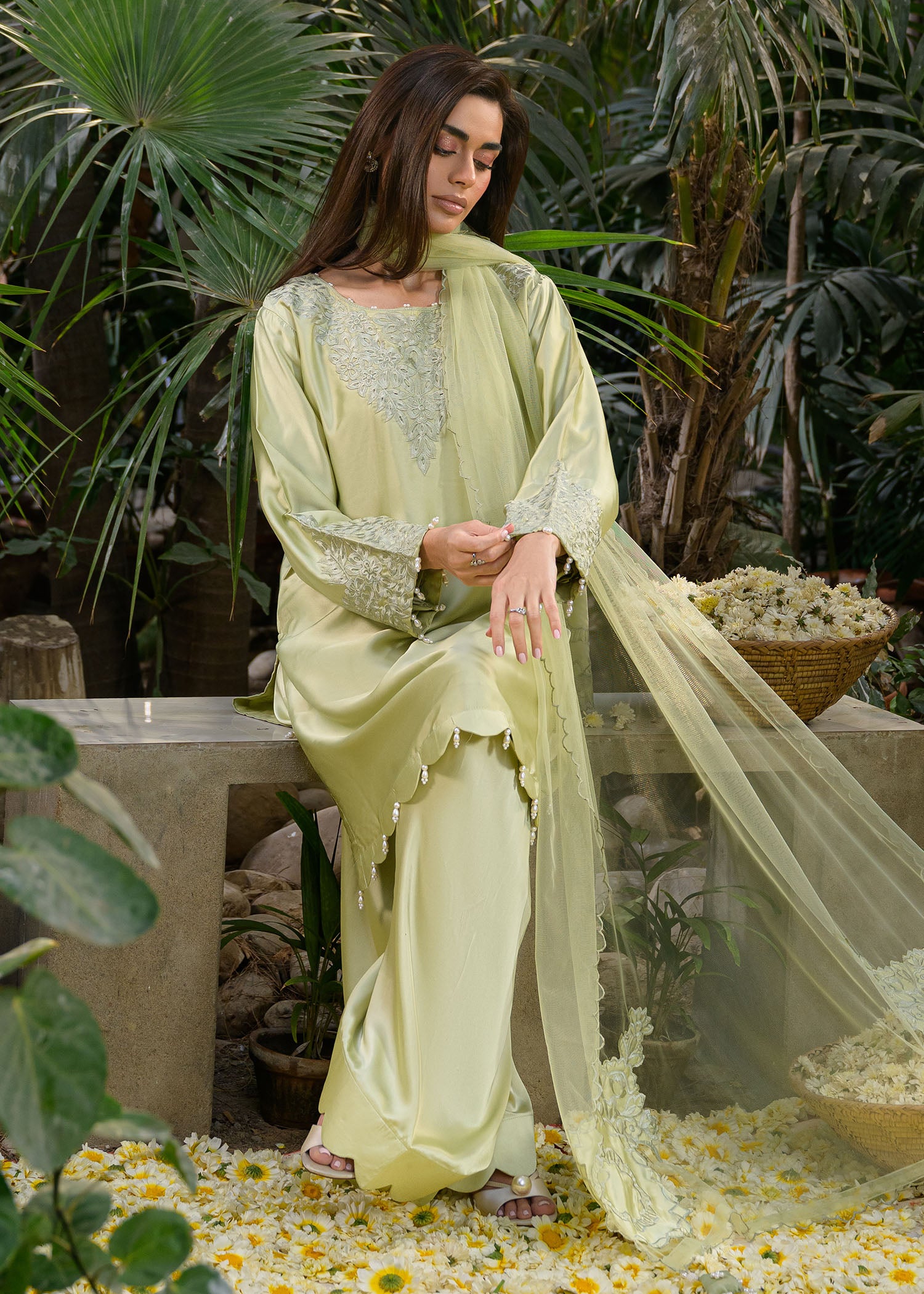 silk charmeuse Kurta Set in Sage green