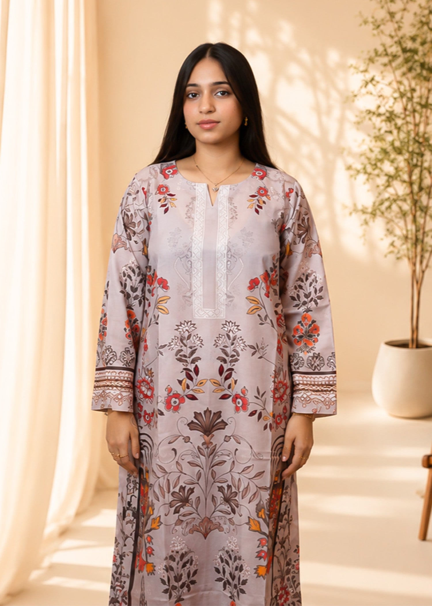 poly lawn Kurta Set in Tan brown