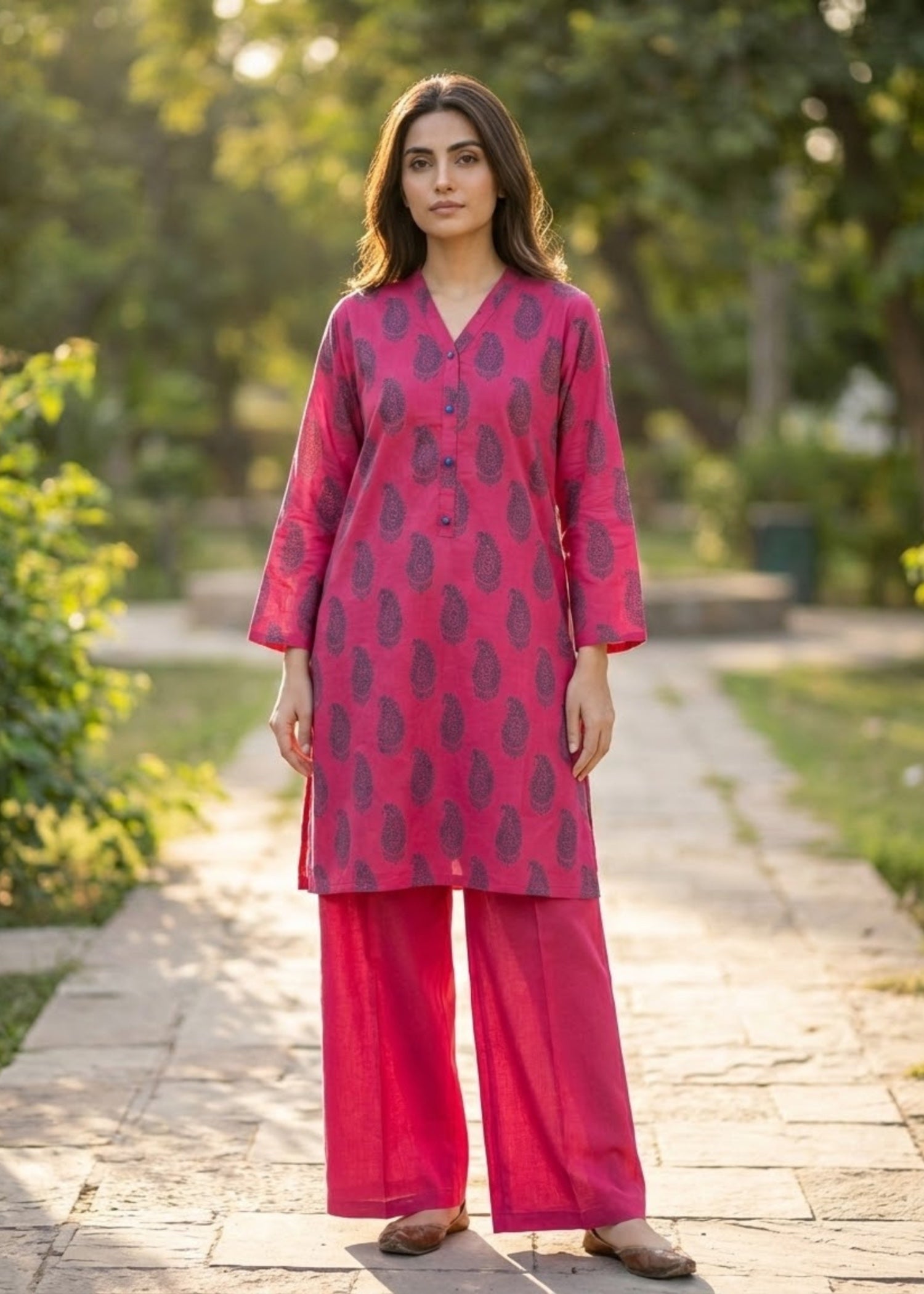 linen Kurta Set in Raspberry pink