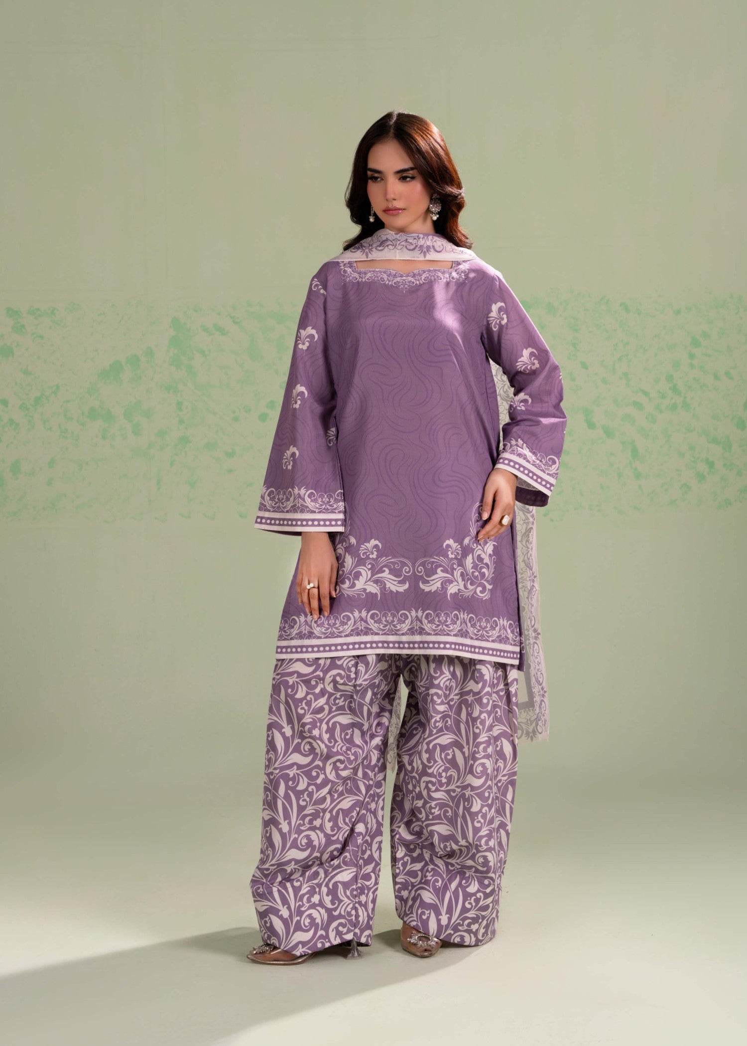poly lawn Kurta Set in Plum