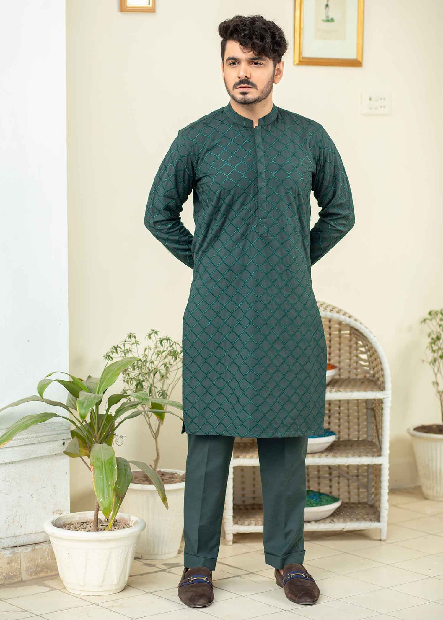 wash & wear Kurta Set in Green by Ahmad Raza