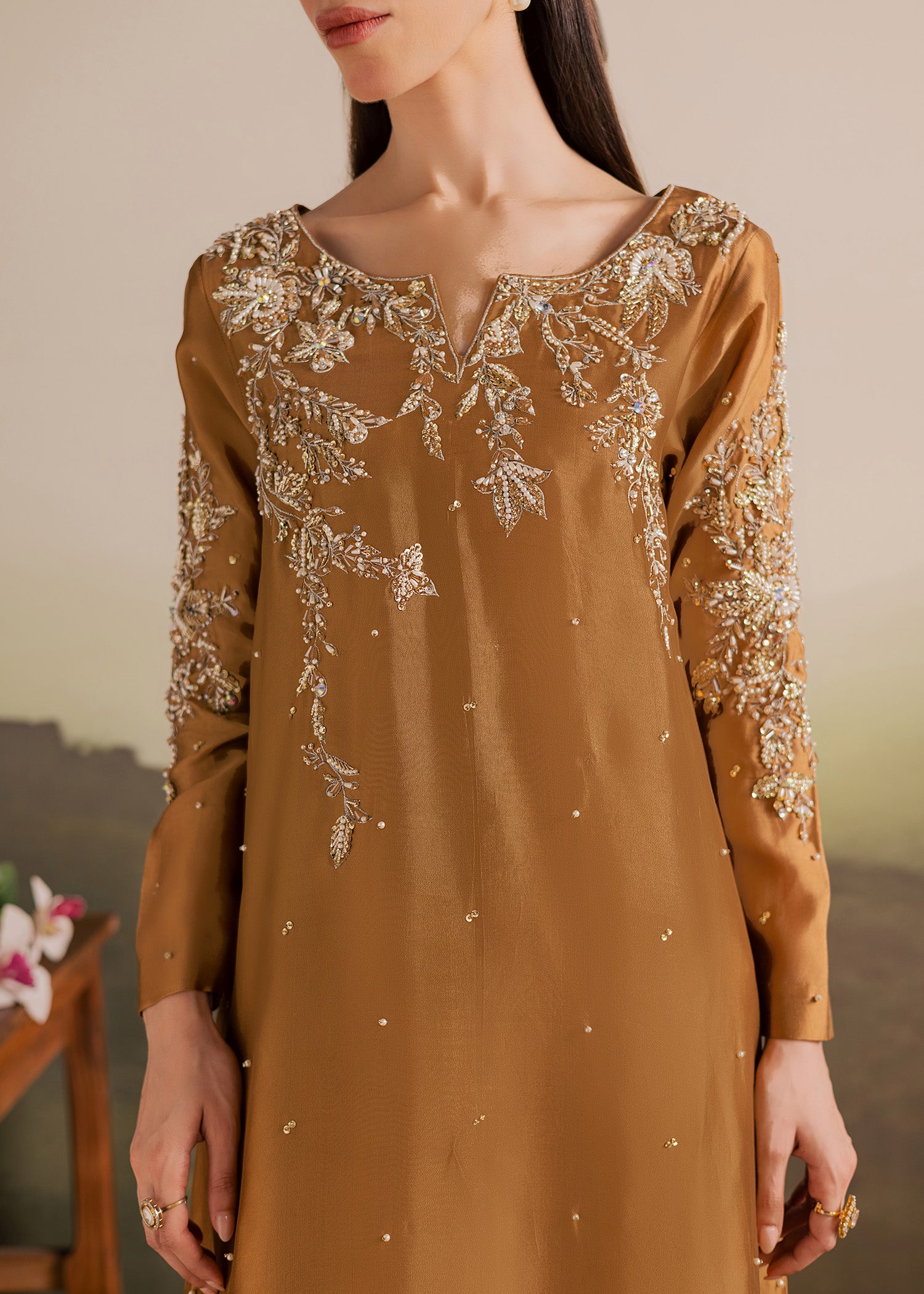 tussar silk Kaftan in Caramel brown