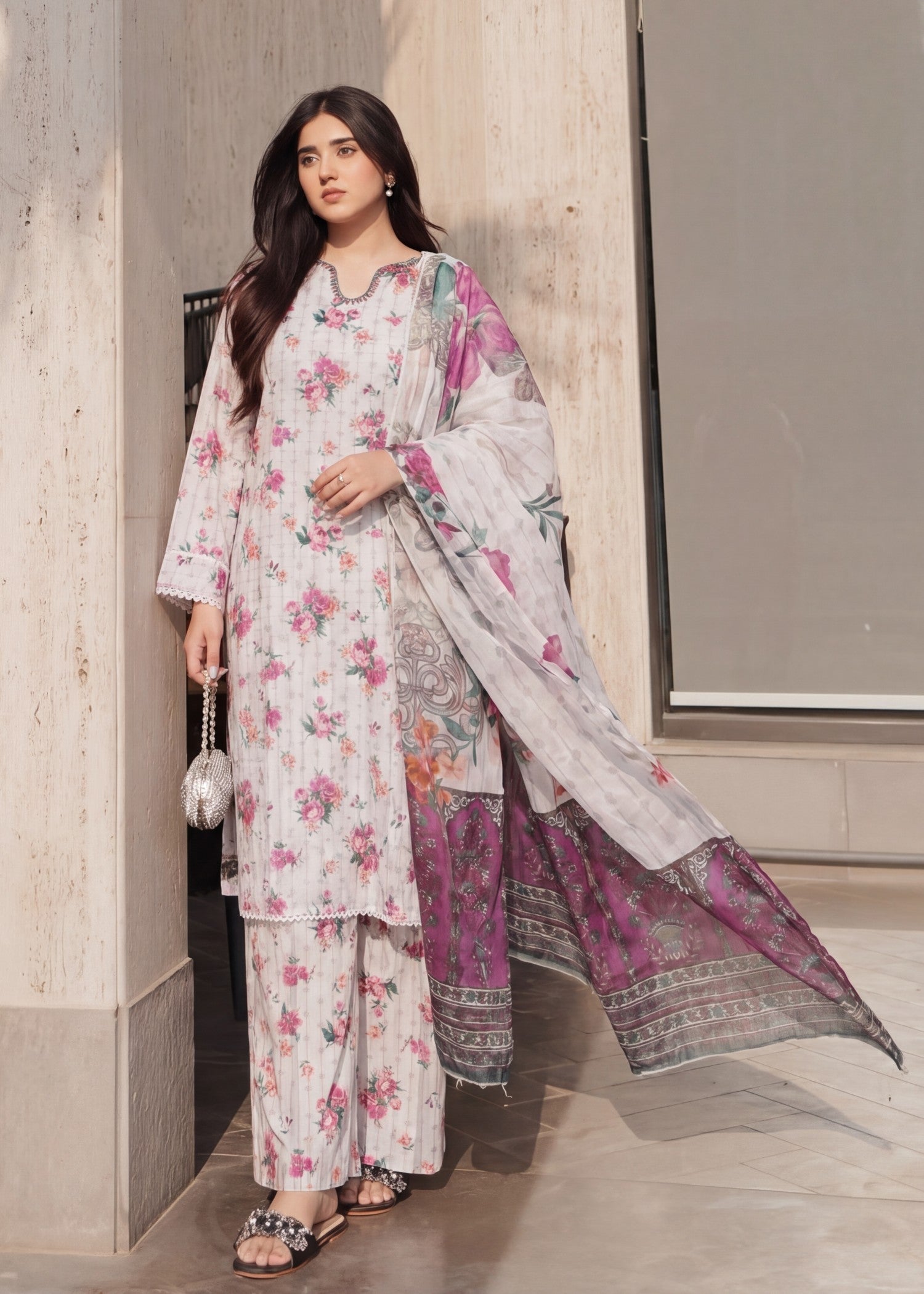 textured lawn Kurta Set in Ivory
