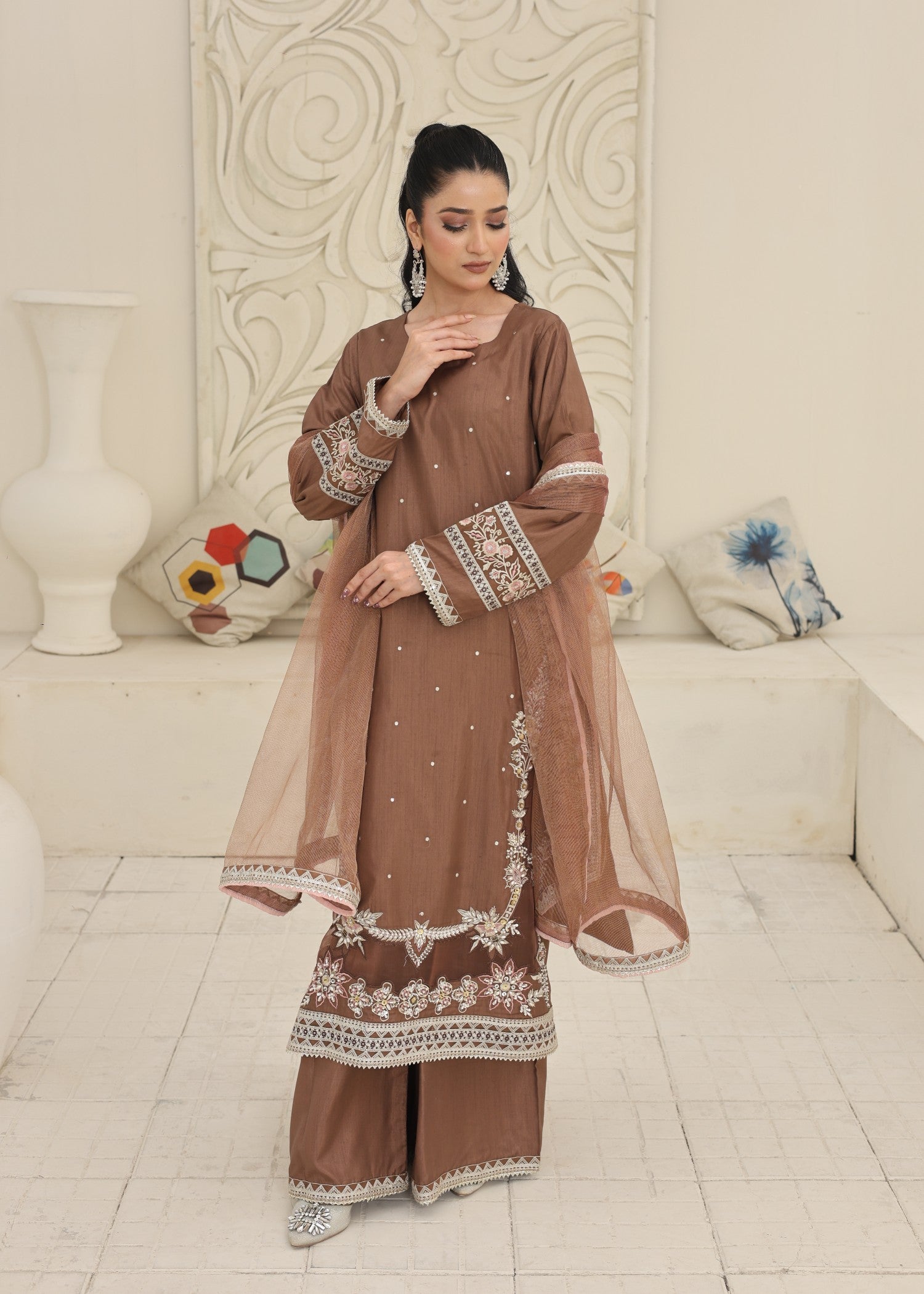 silk Kurta Set in Tawny brown