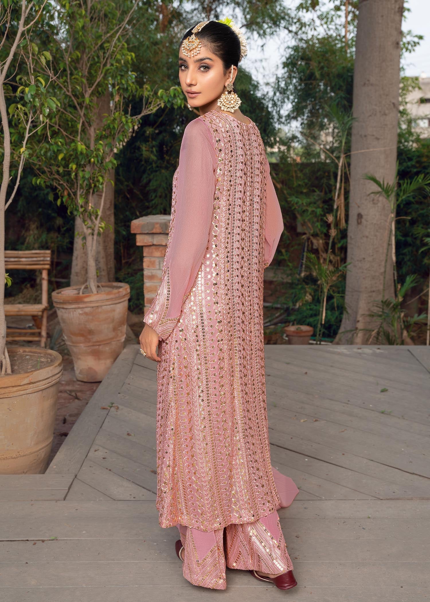 chikankari cotton Gown in Tea rose pink