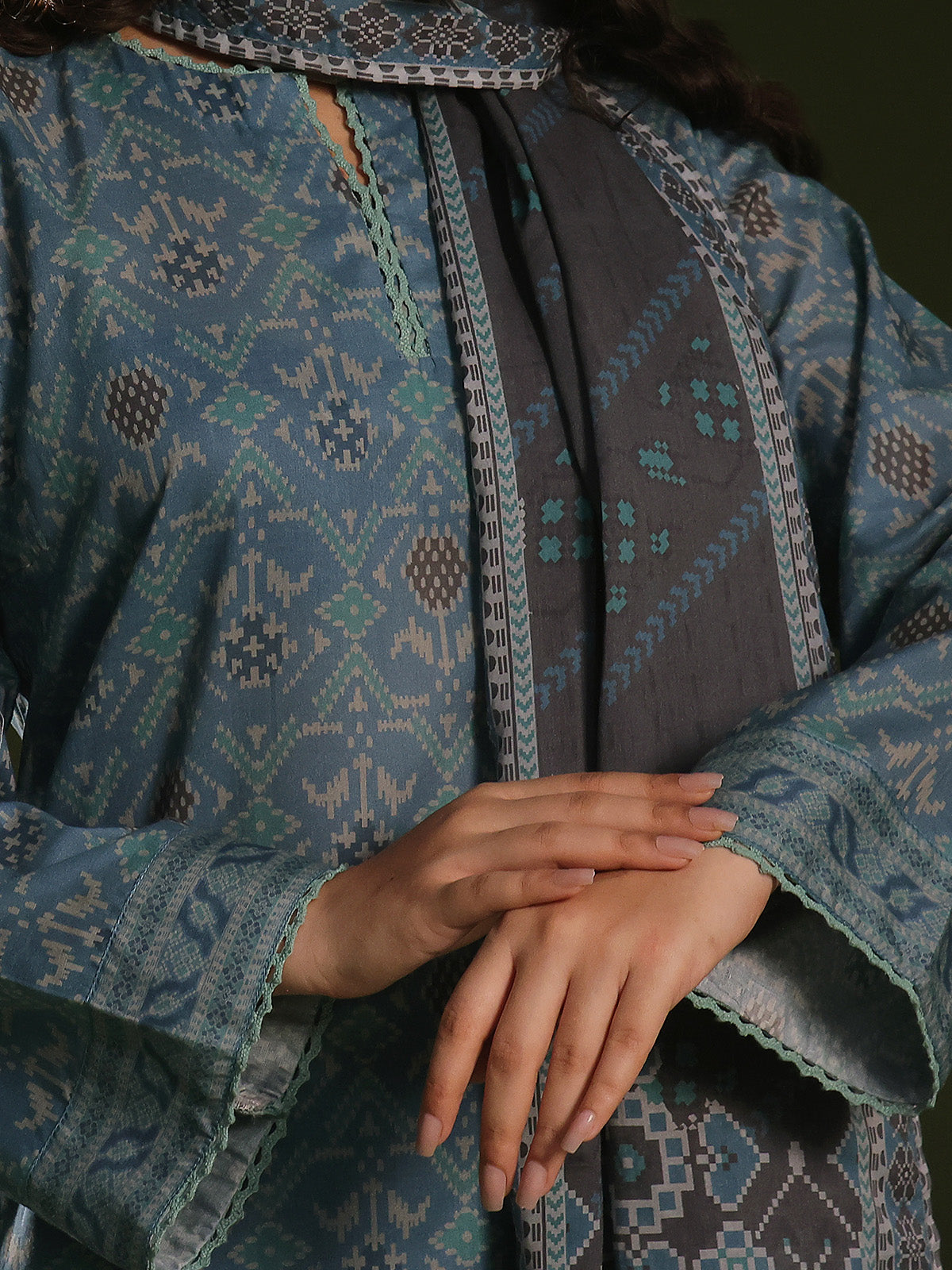 cambric Kurta Set in Steel blue