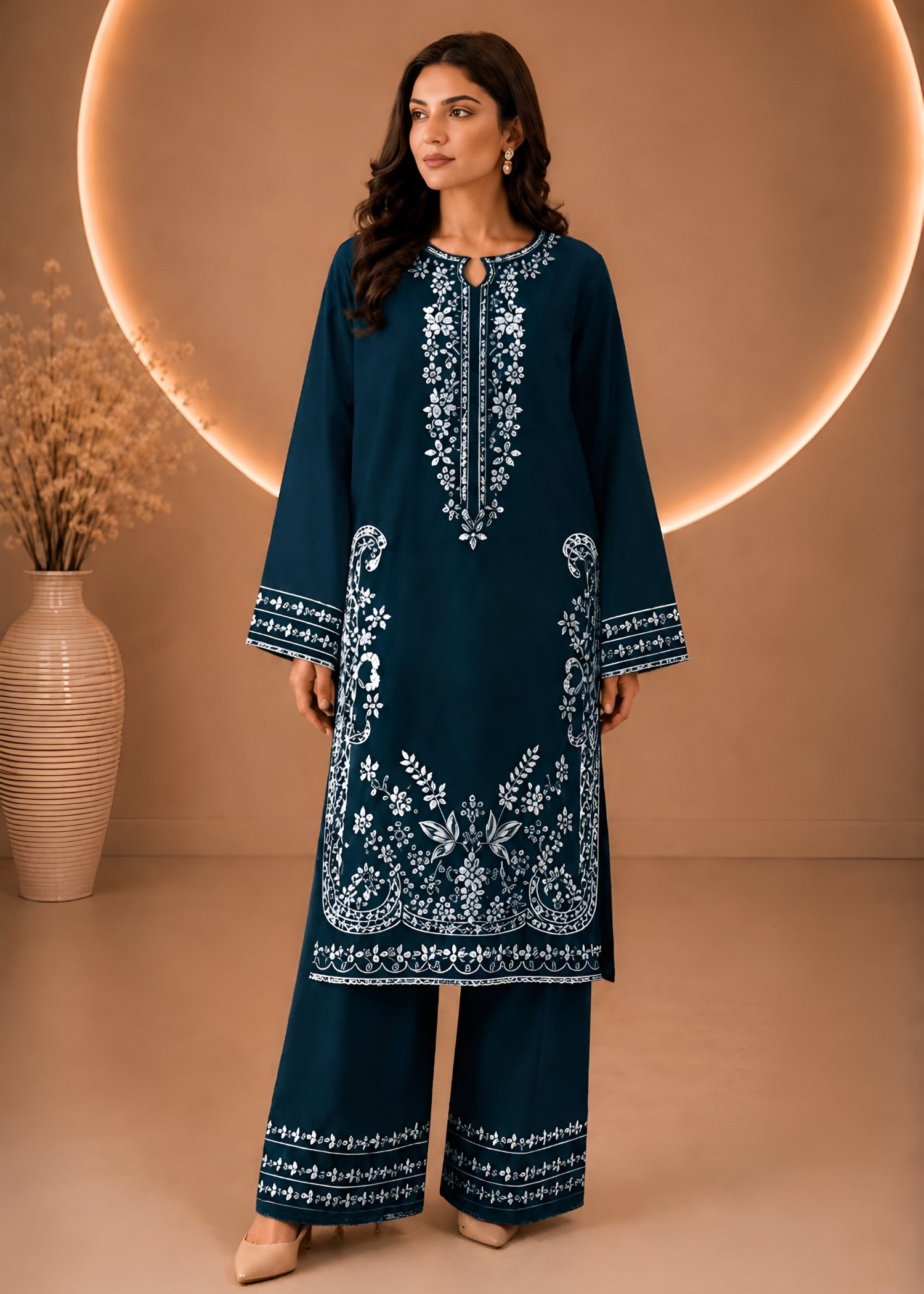 linen Kurta Set in Twilight blue