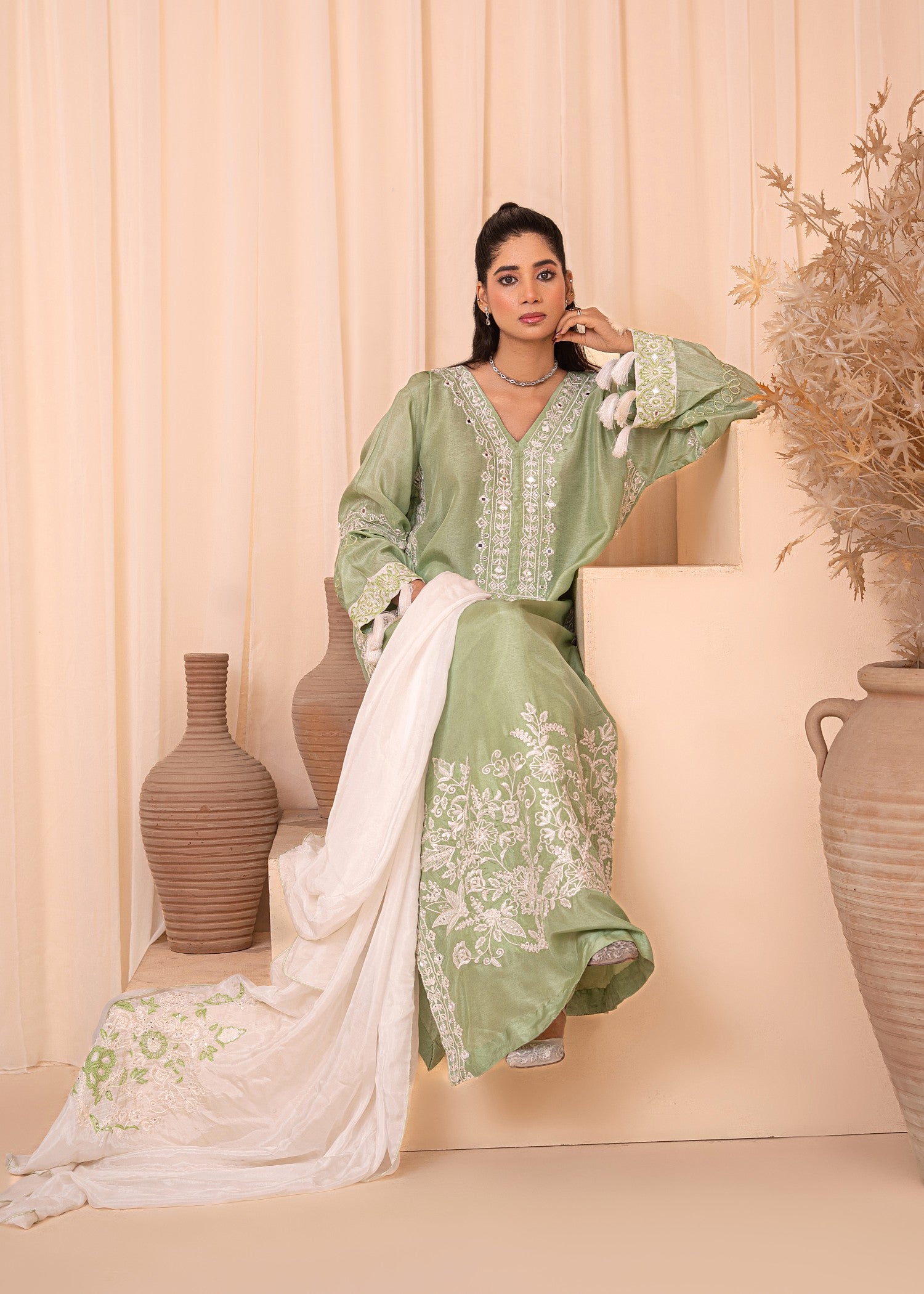 silk Kaftan in White, pistachio green