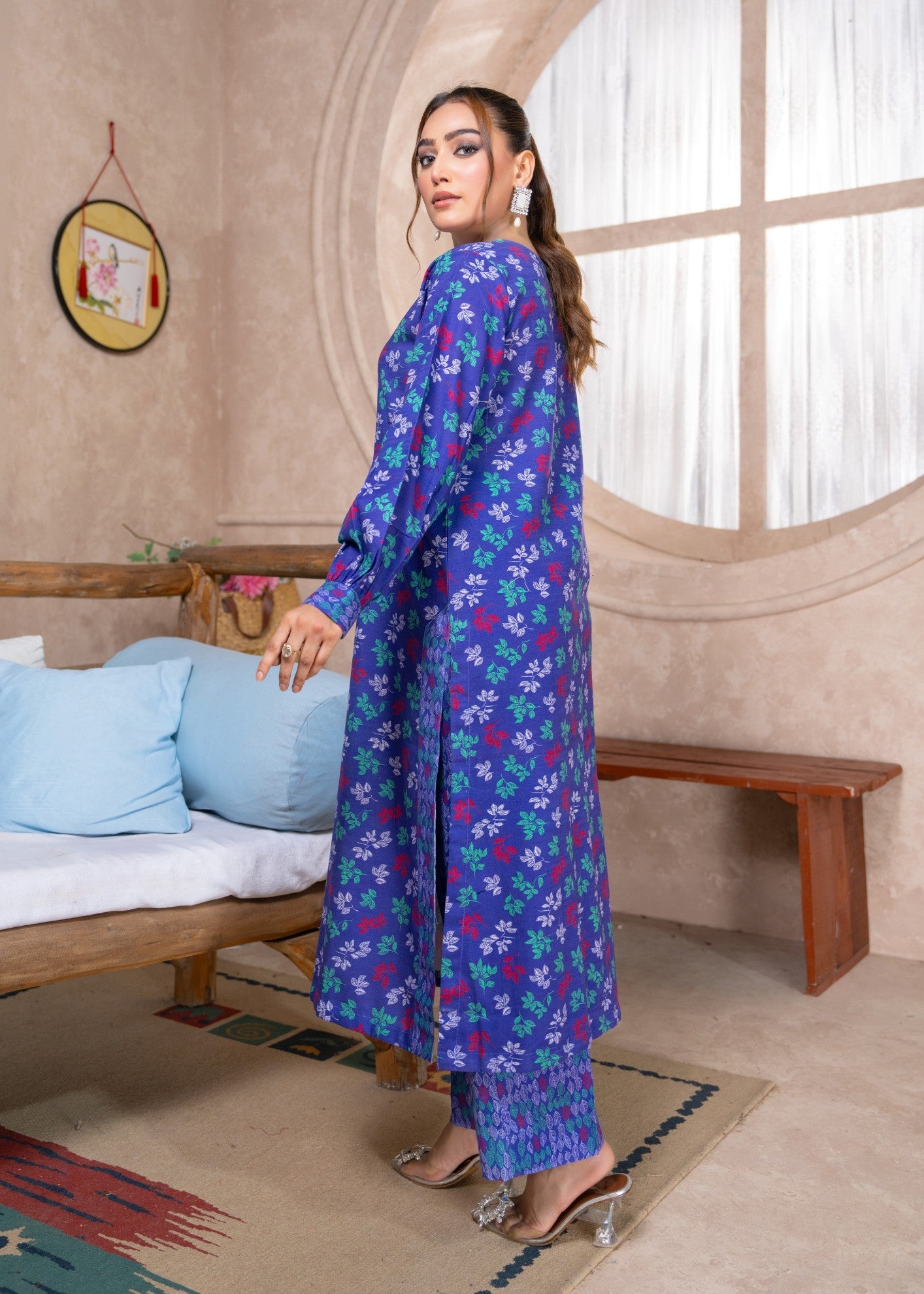 slub khaddar Kurta Set in Royal blue
