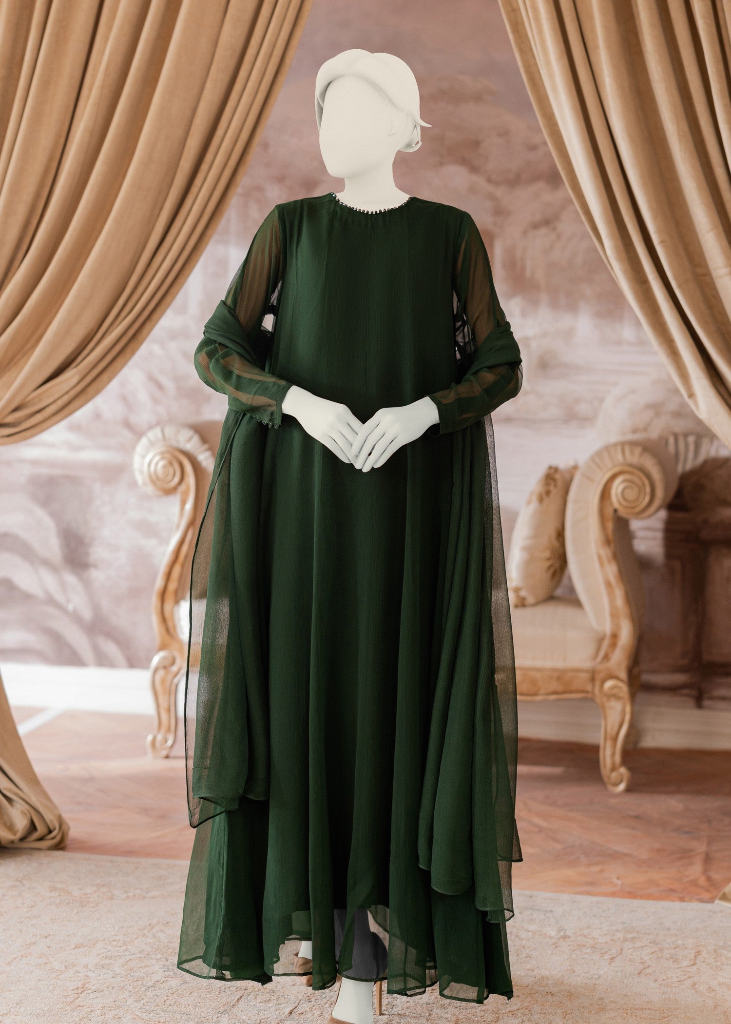 polyester chiffon Pishwas in Bottle green