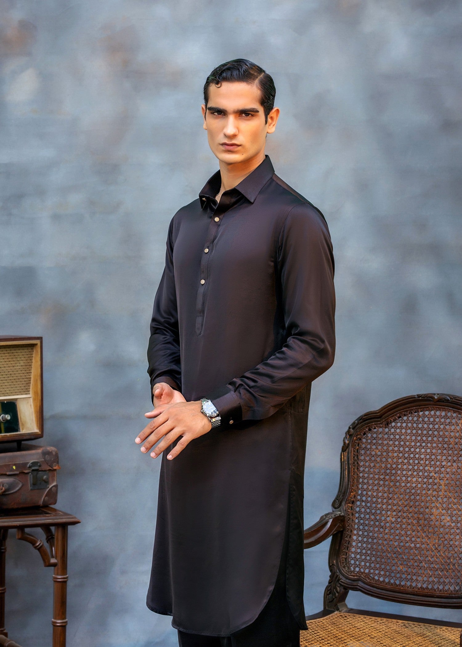 silk Shalwar Kameez in Black