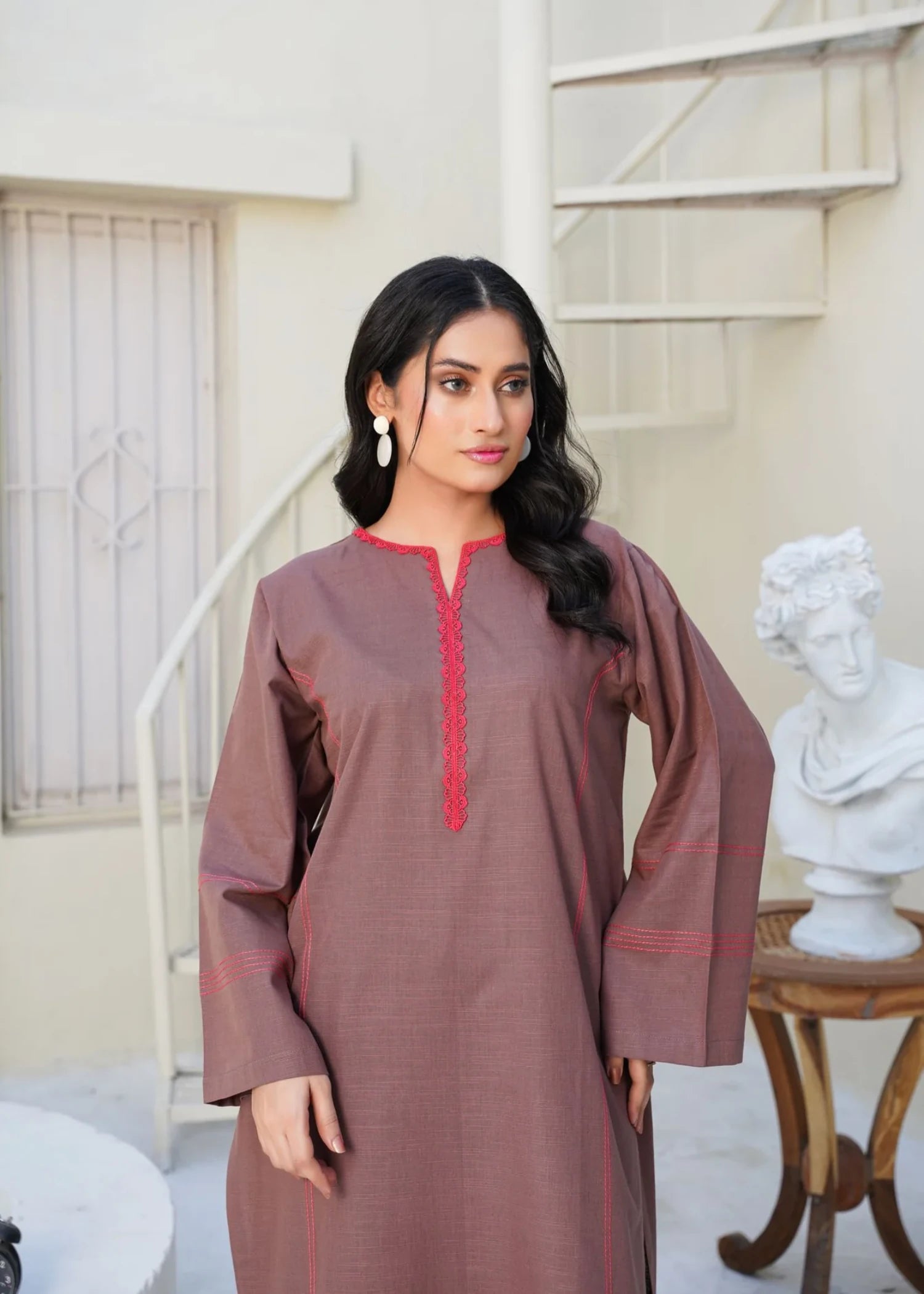 slub khaddar Kurta Set in Mocha brown