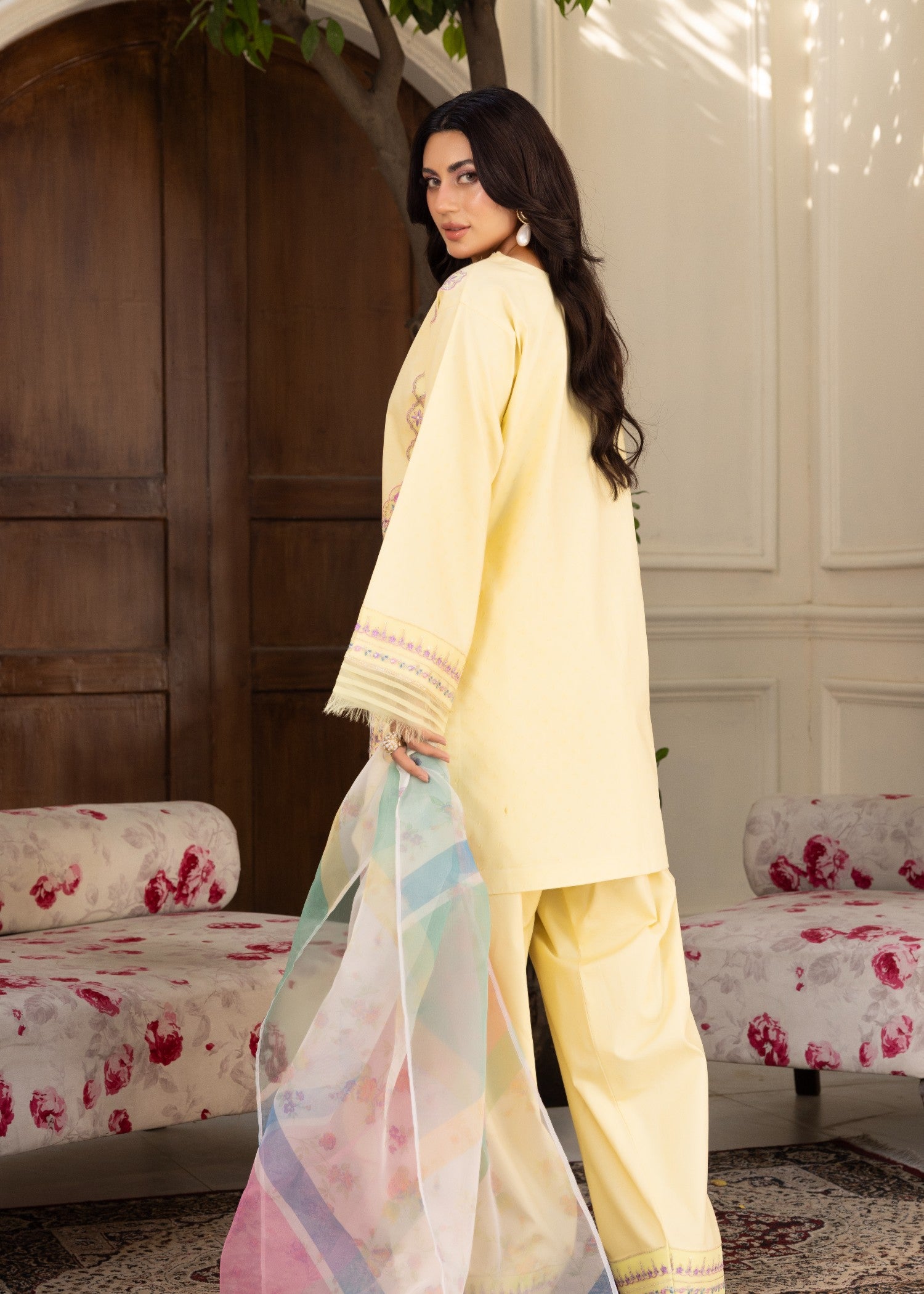 jacquard Kurta Set in Yellow