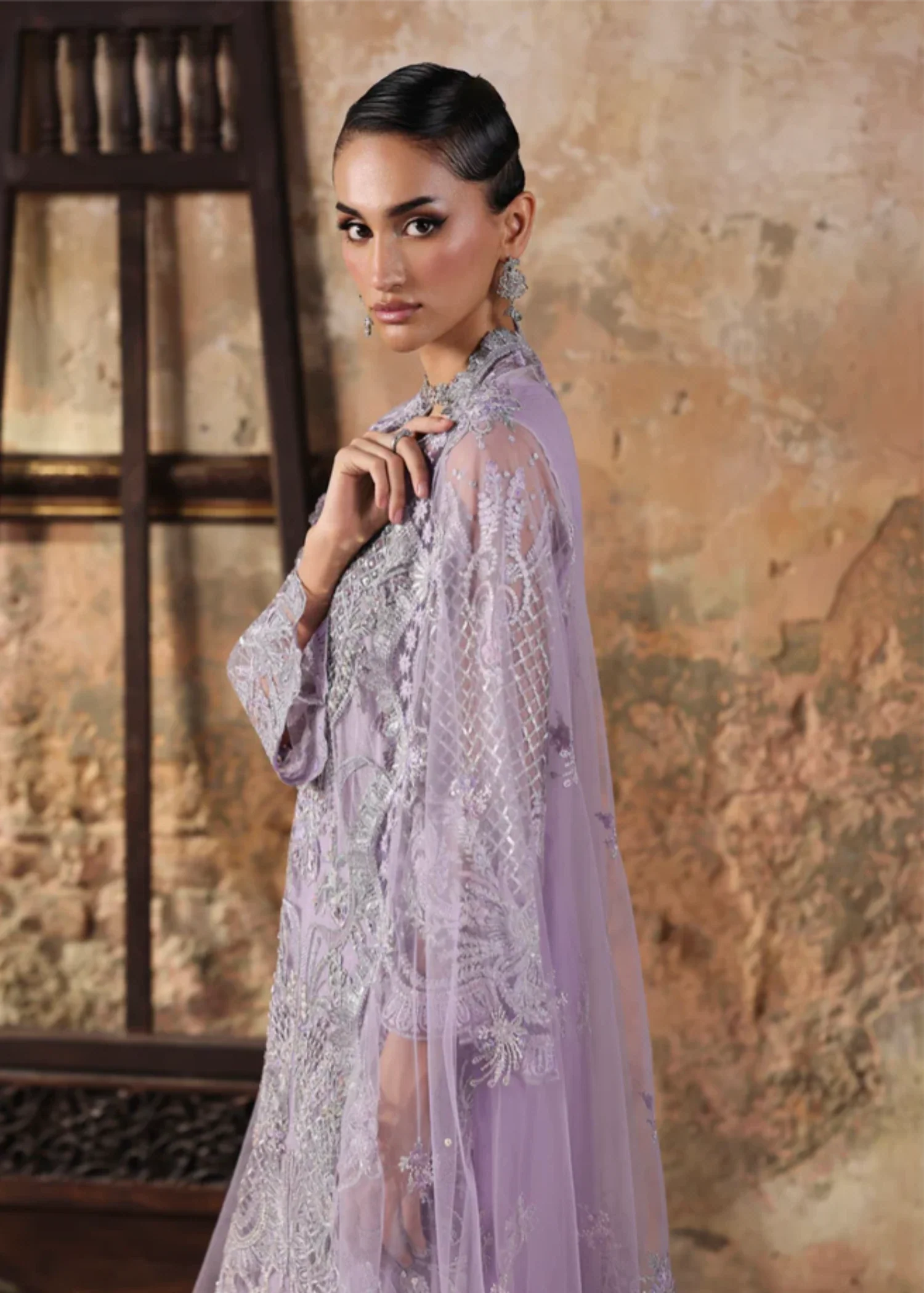 net Kurta Set in Lilac