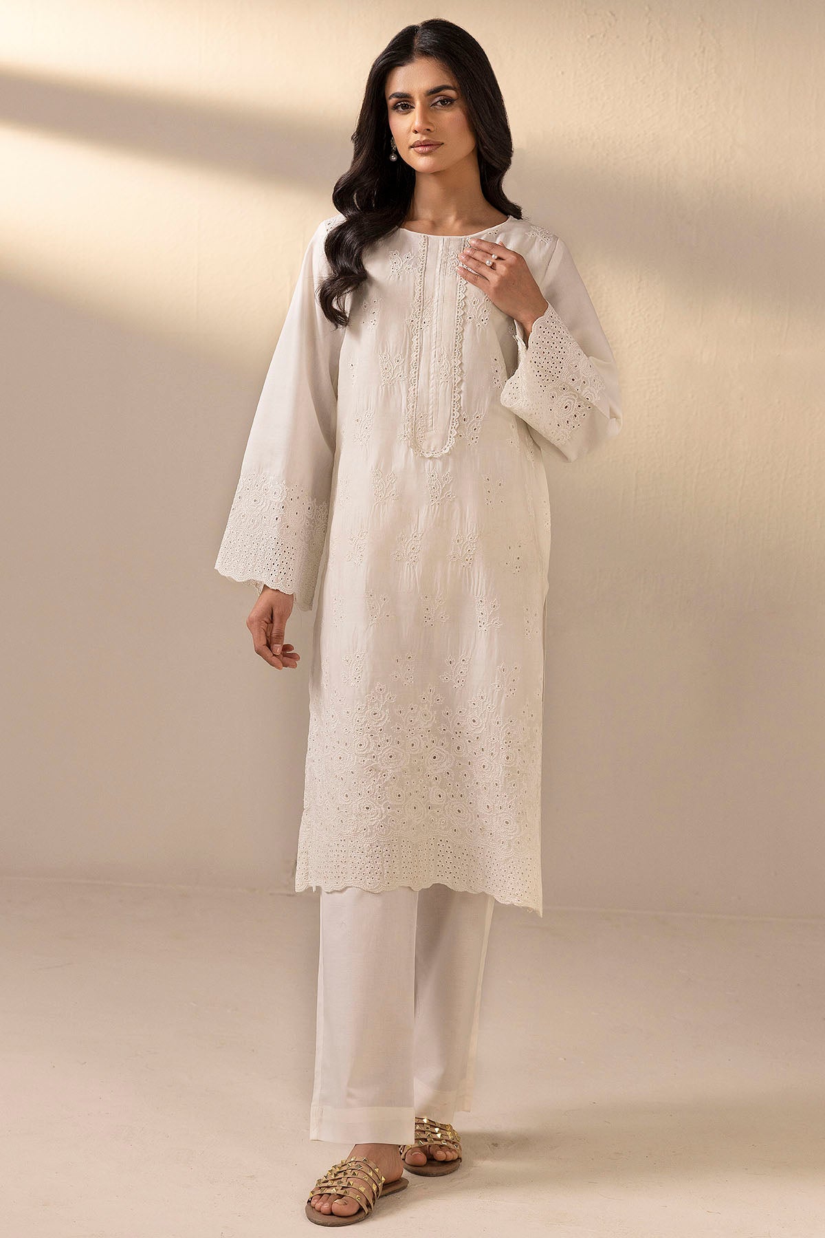 schiffli Kurta Set in White
