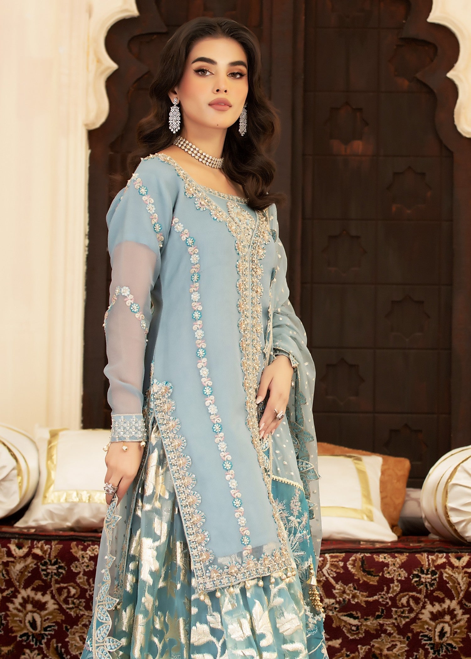 cotton net Sharara in Sky blue