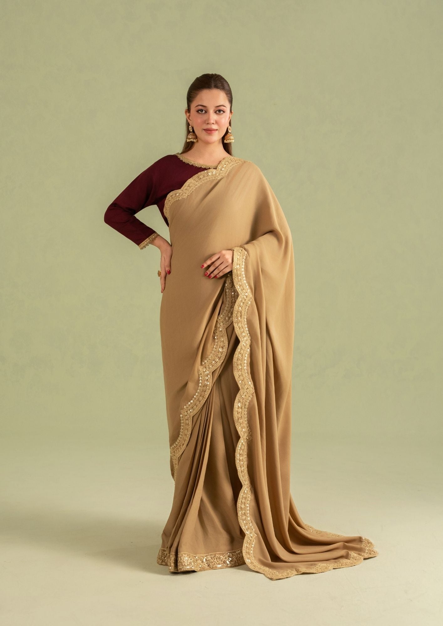 georgette Saree in Maroon, camel brown