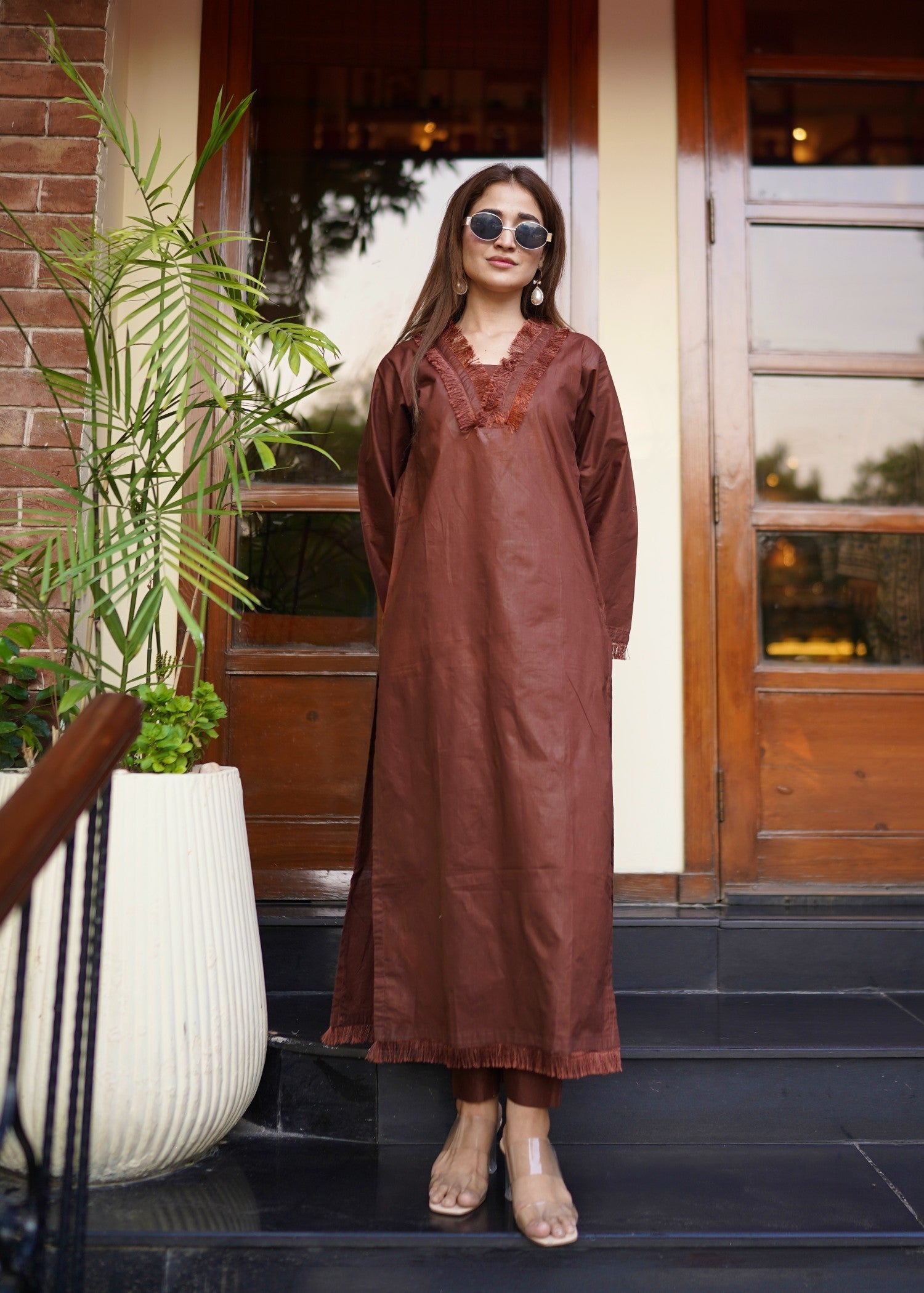 lawn cotton Kurta Set in Chocolate brown