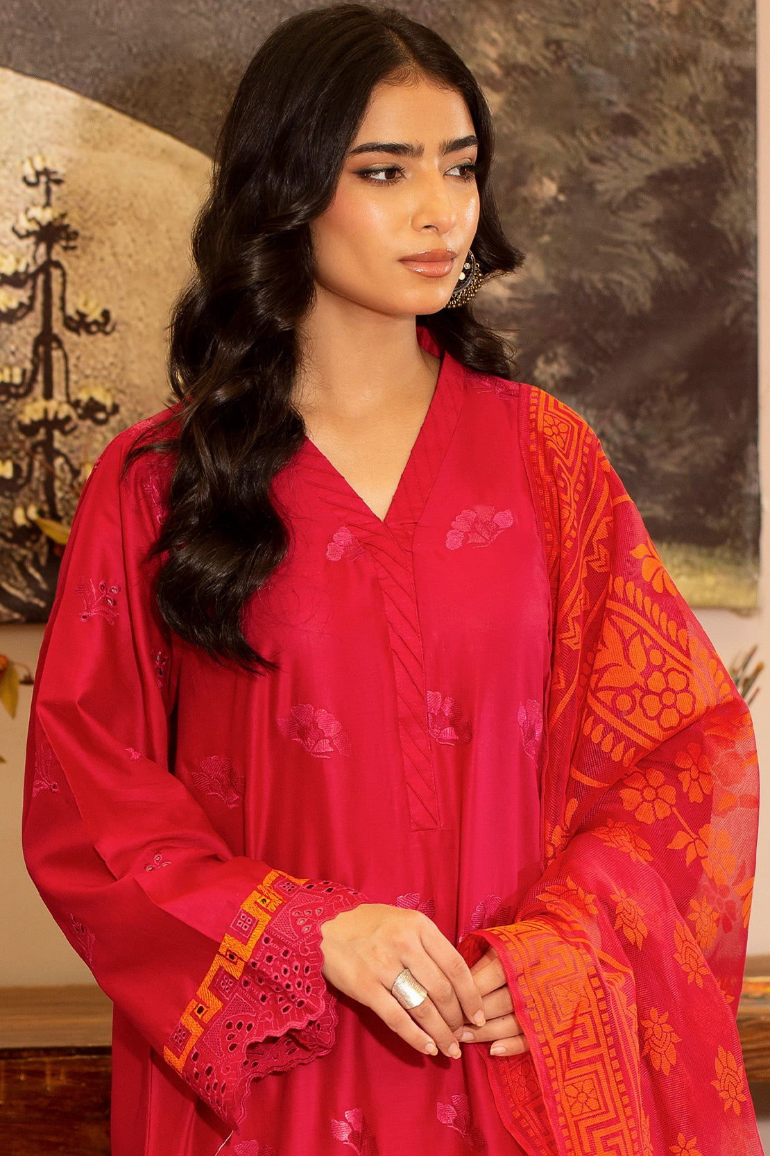 zari lawn Unstitched in Red
