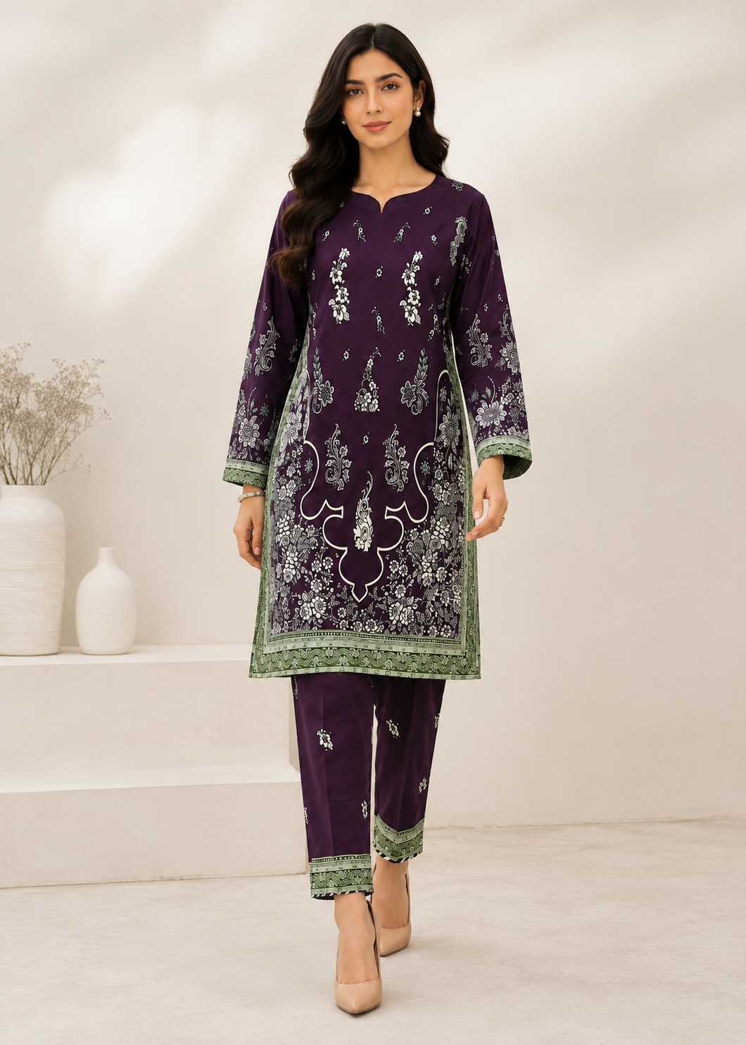 herringbone Kurta Set in Plum
