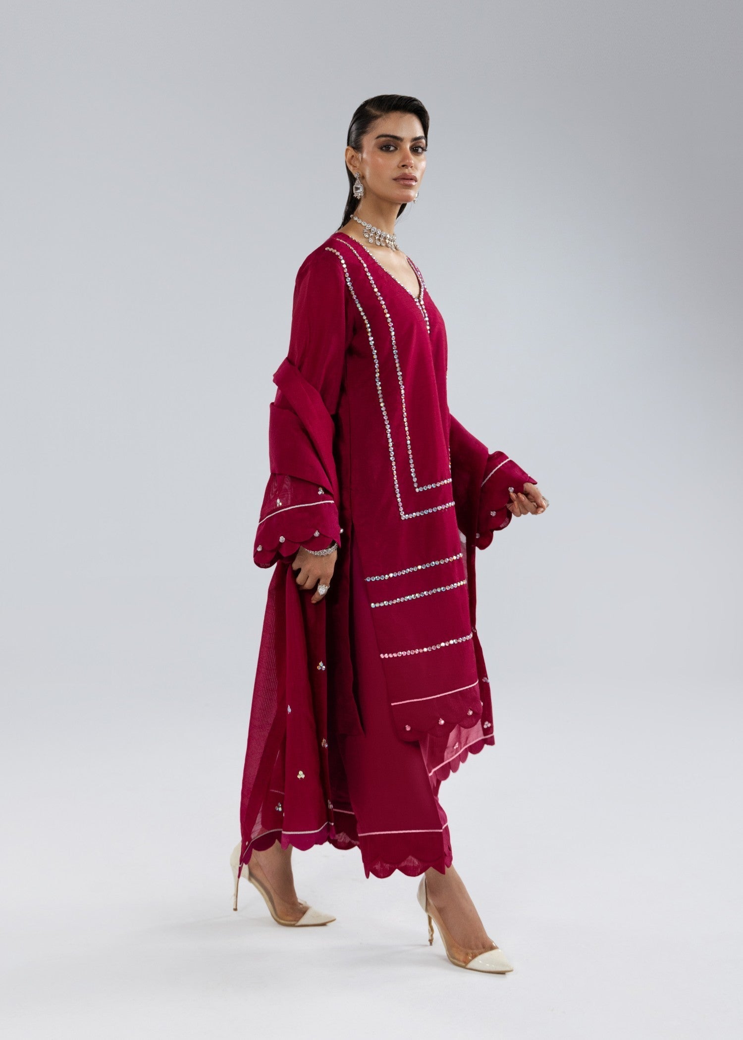 khaddi net Kurta Set in Burgundy