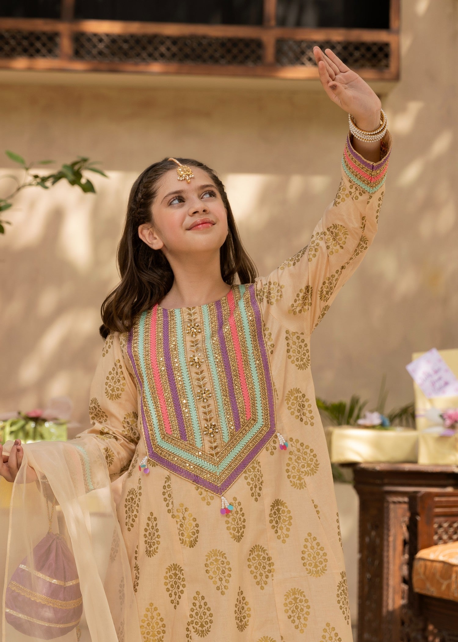 lawn cotton Pishwas in Beige