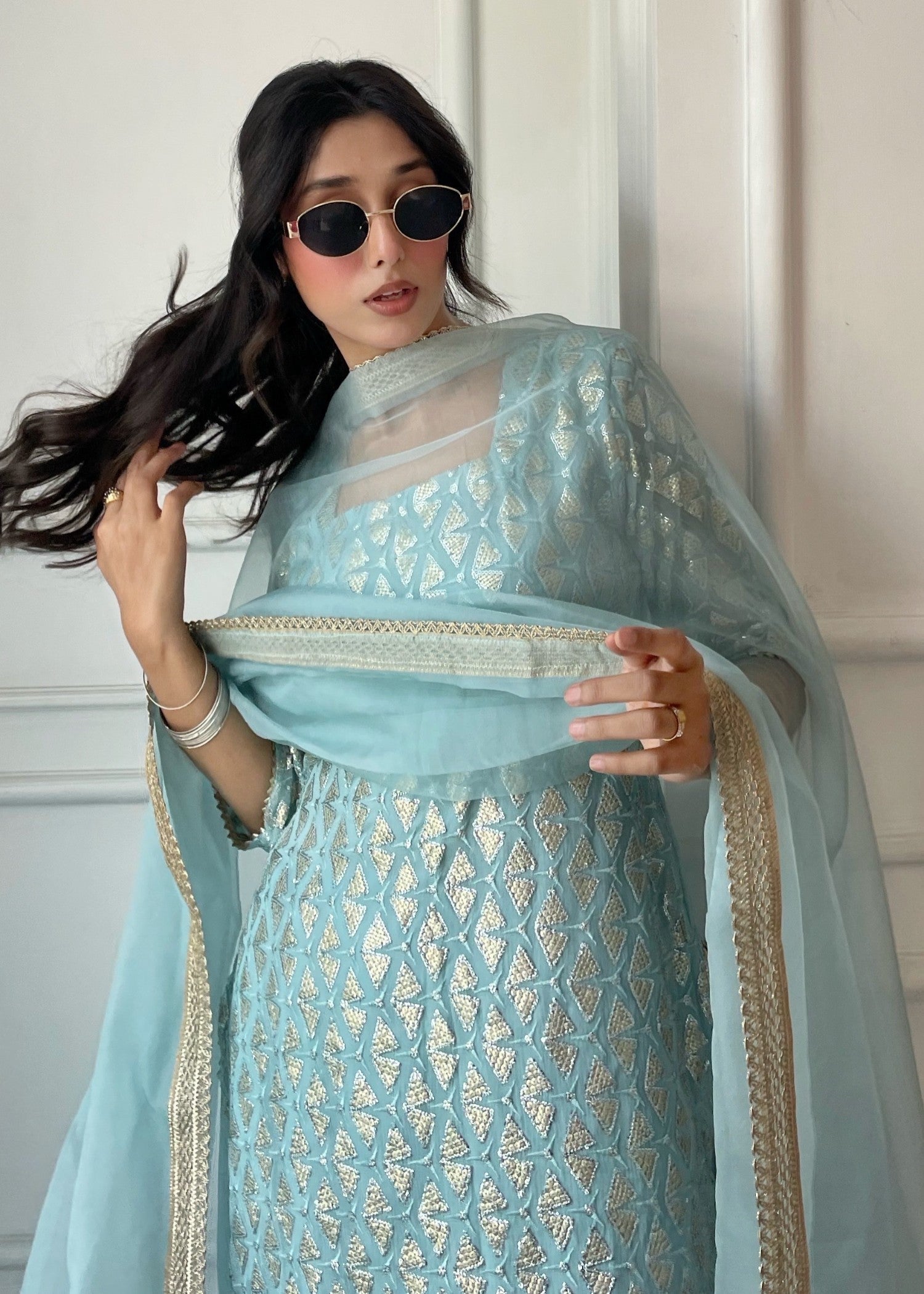 bemberg crinkle chiffon Sharara in Sky blue
