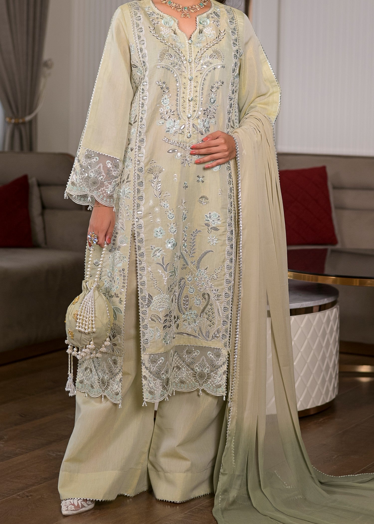 cotton masuri Kurta Set in Pistachio green
