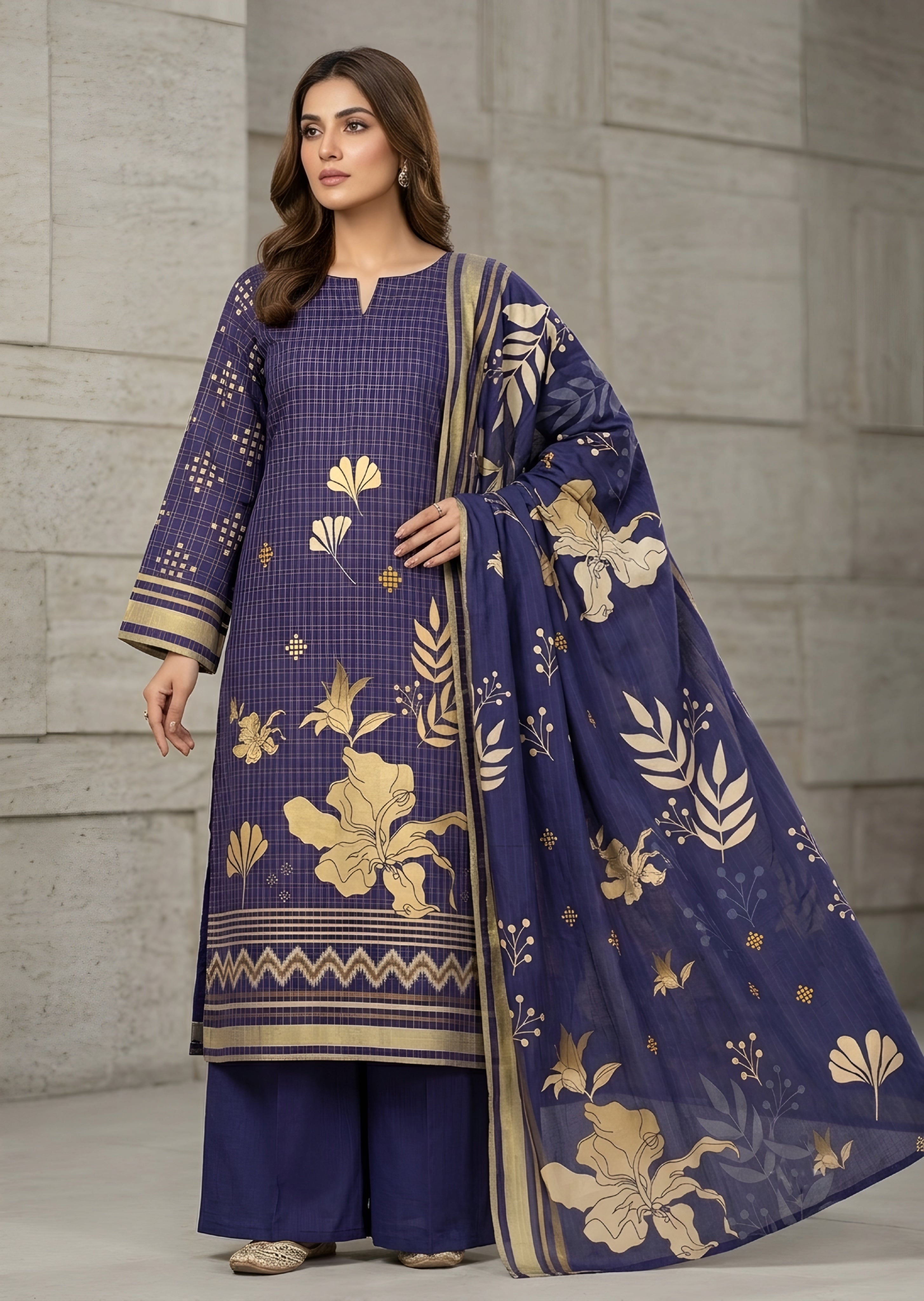 khaddar Unstitched in Navy blue