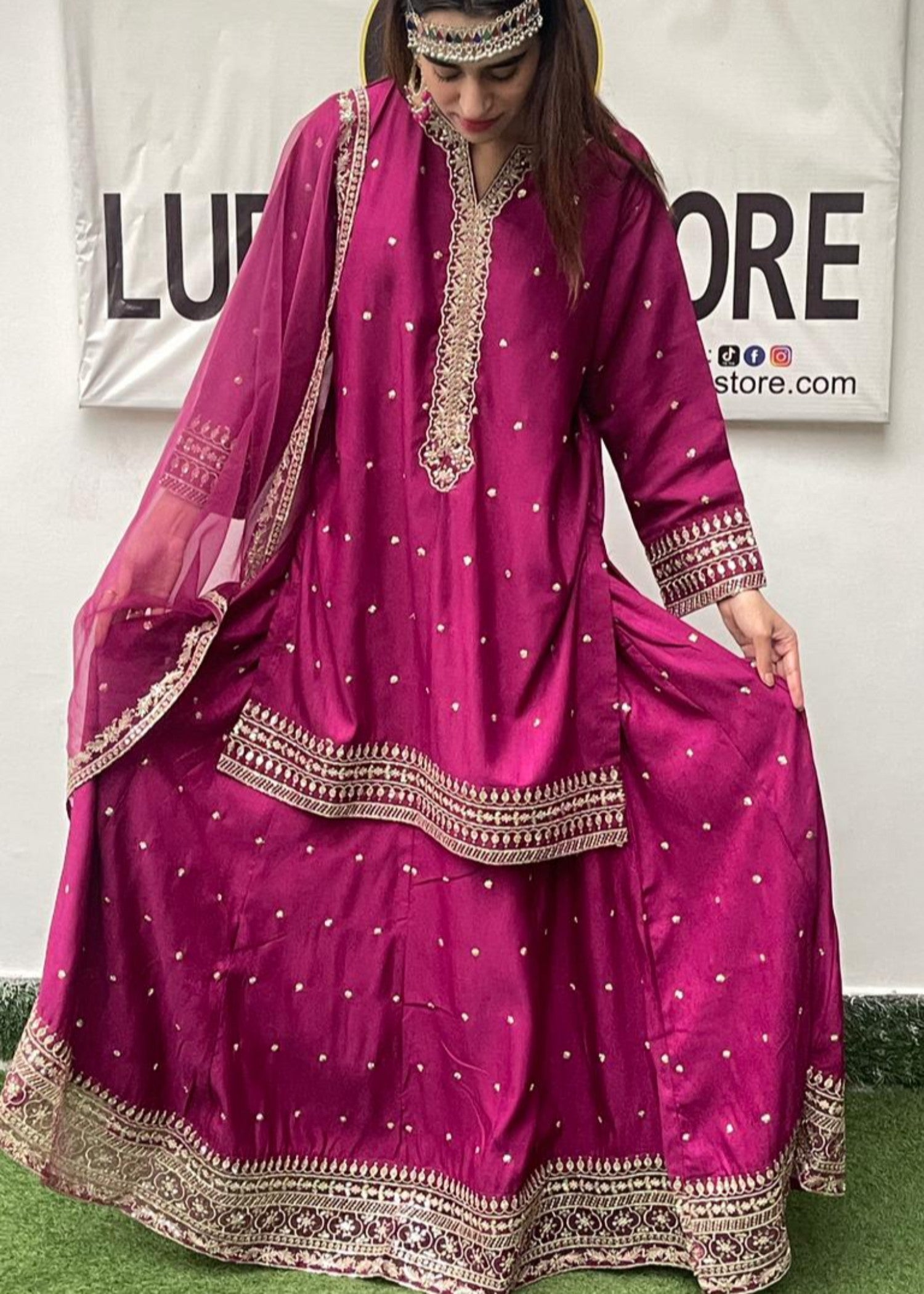 raw silk Lehenga in Magenta haze