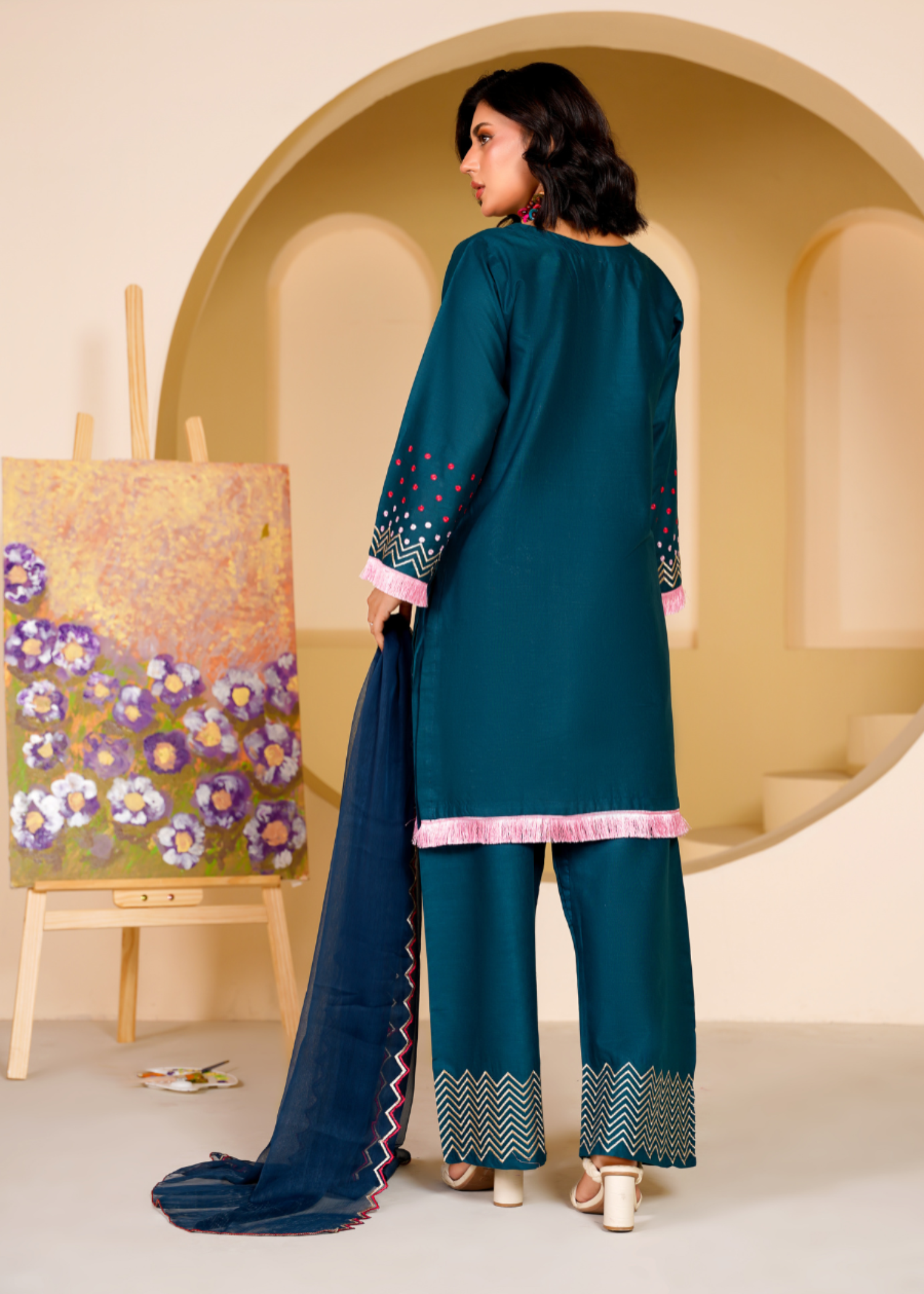 lawn cotton Kurta Set in Steel blue