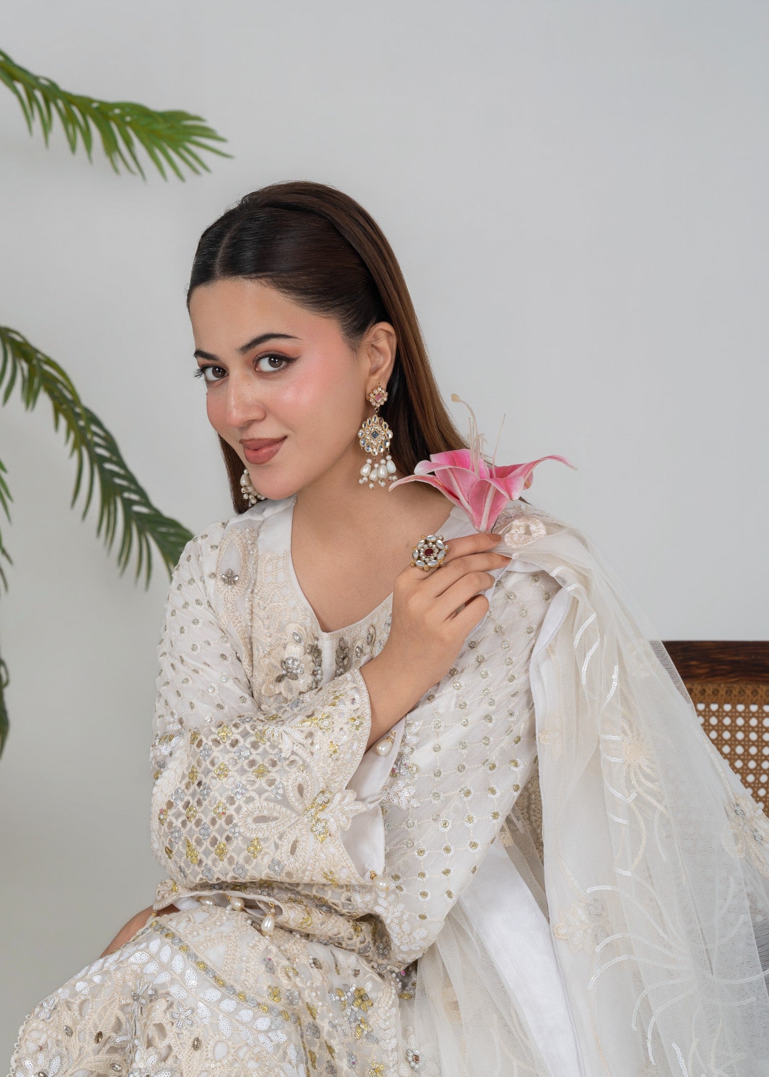 crinkle chiffon Kurta Set in Milk