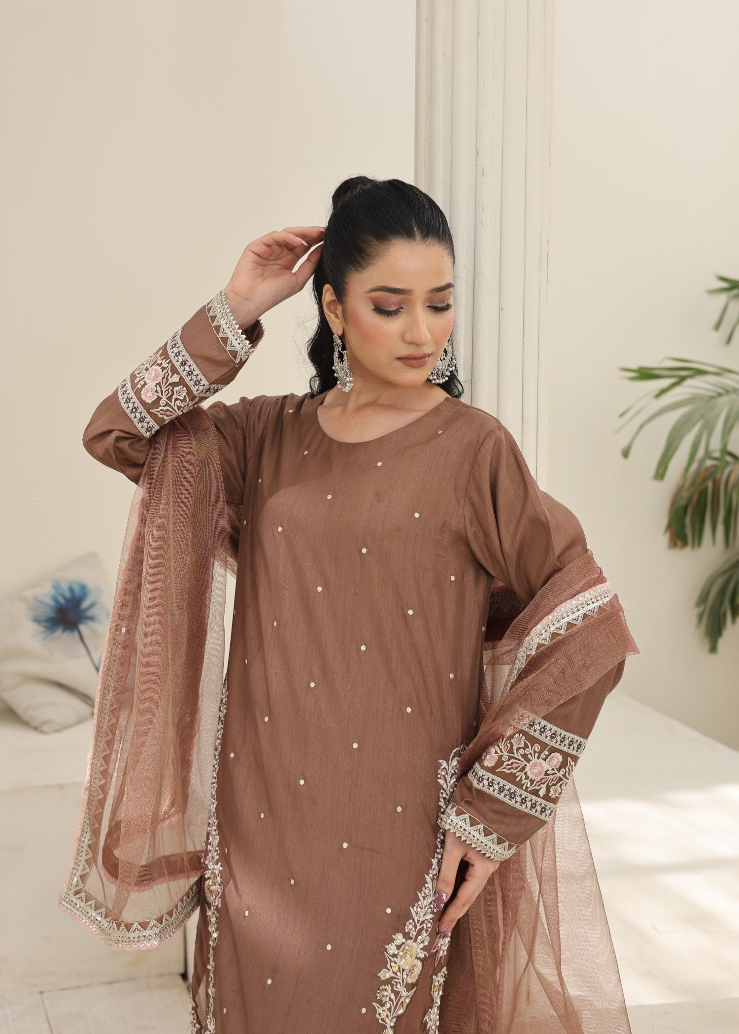 silk Kurta Set in Tawny brown