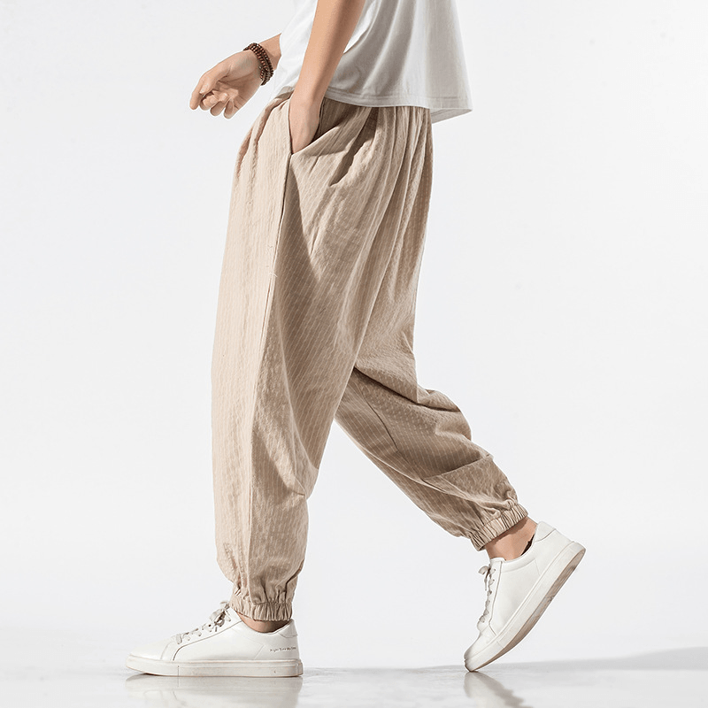 Chinese Style Cotton and Linen Casual Pants Men'S Loose Striped Wide-Leg Lamp