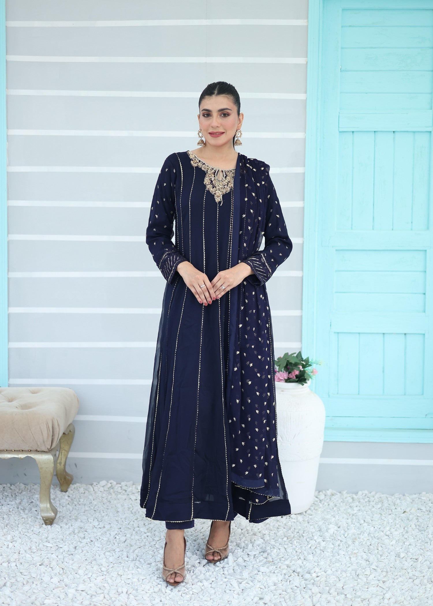 bemberg crinkle chiffon Maxi in Navy blue