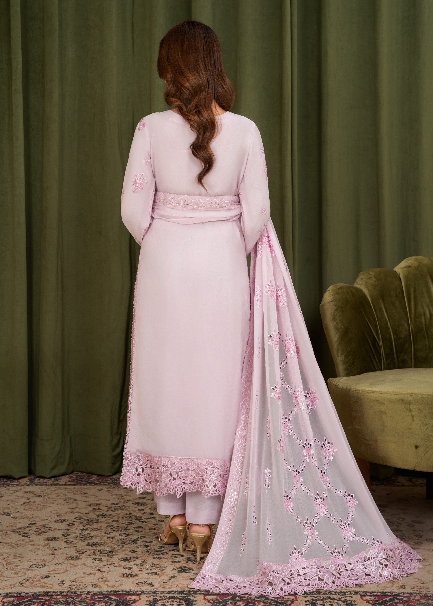 crinkle chiffon Kurta Set in Lavender pink