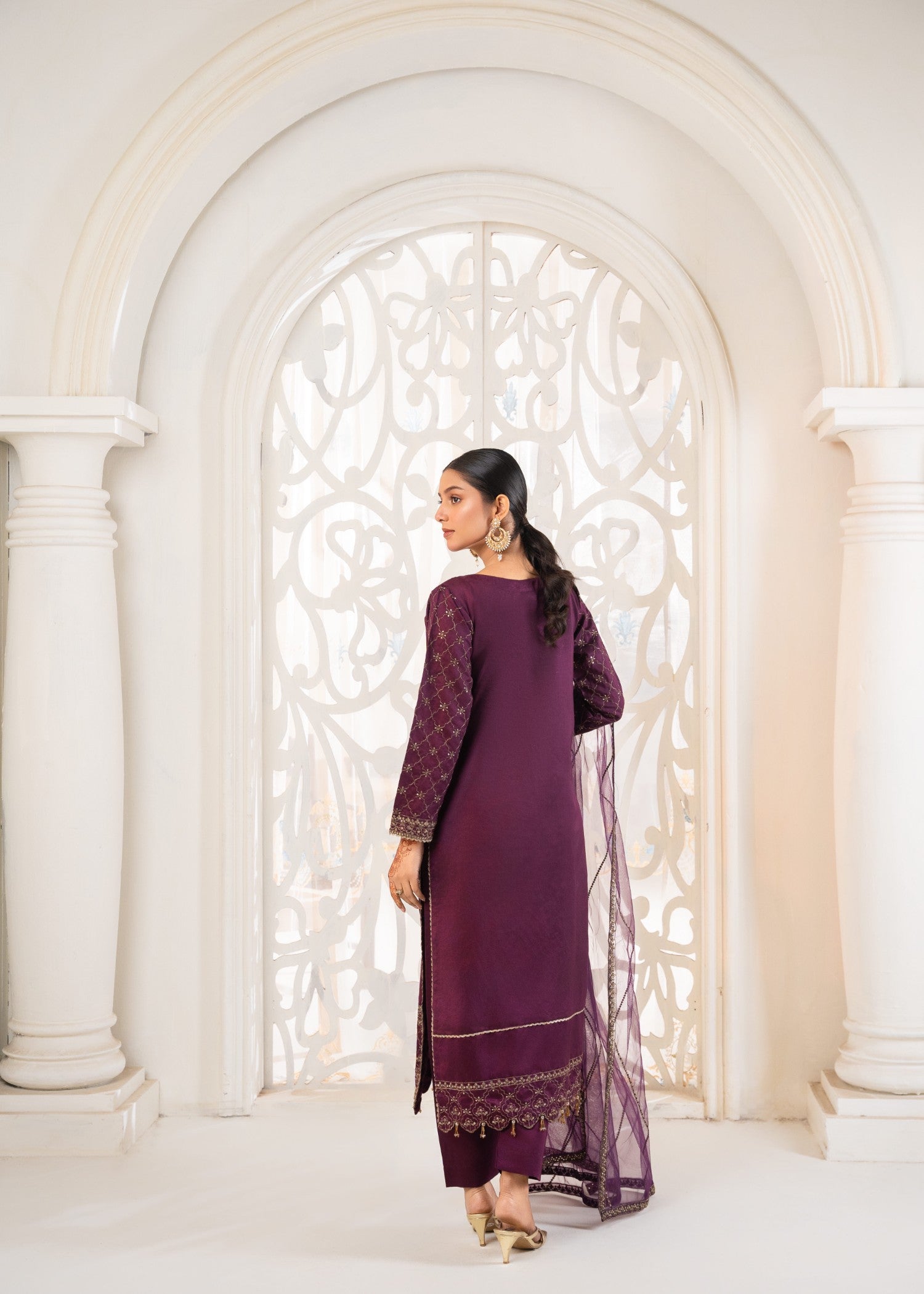silk cotton net Kurta Set in Plum