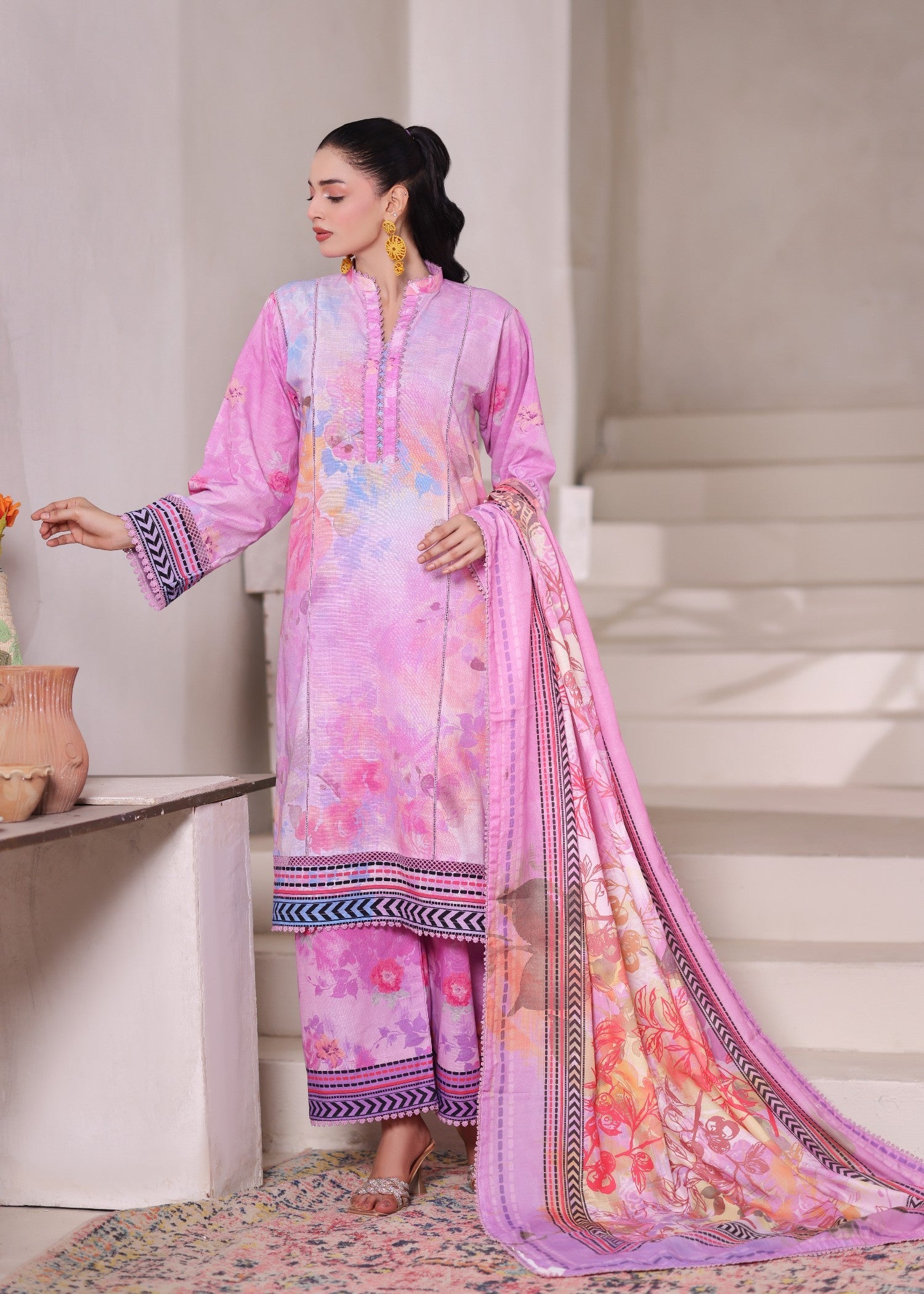 khaddar Kurta Set in Pastel pink