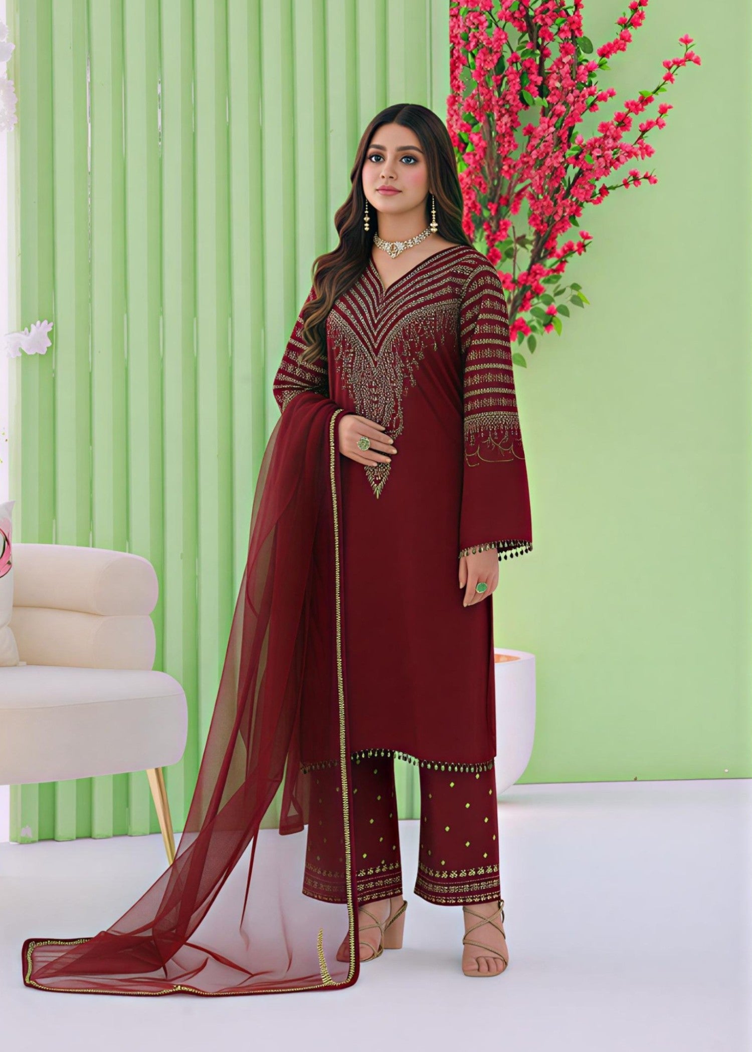 korean raw silk Kurta Set in Maroon