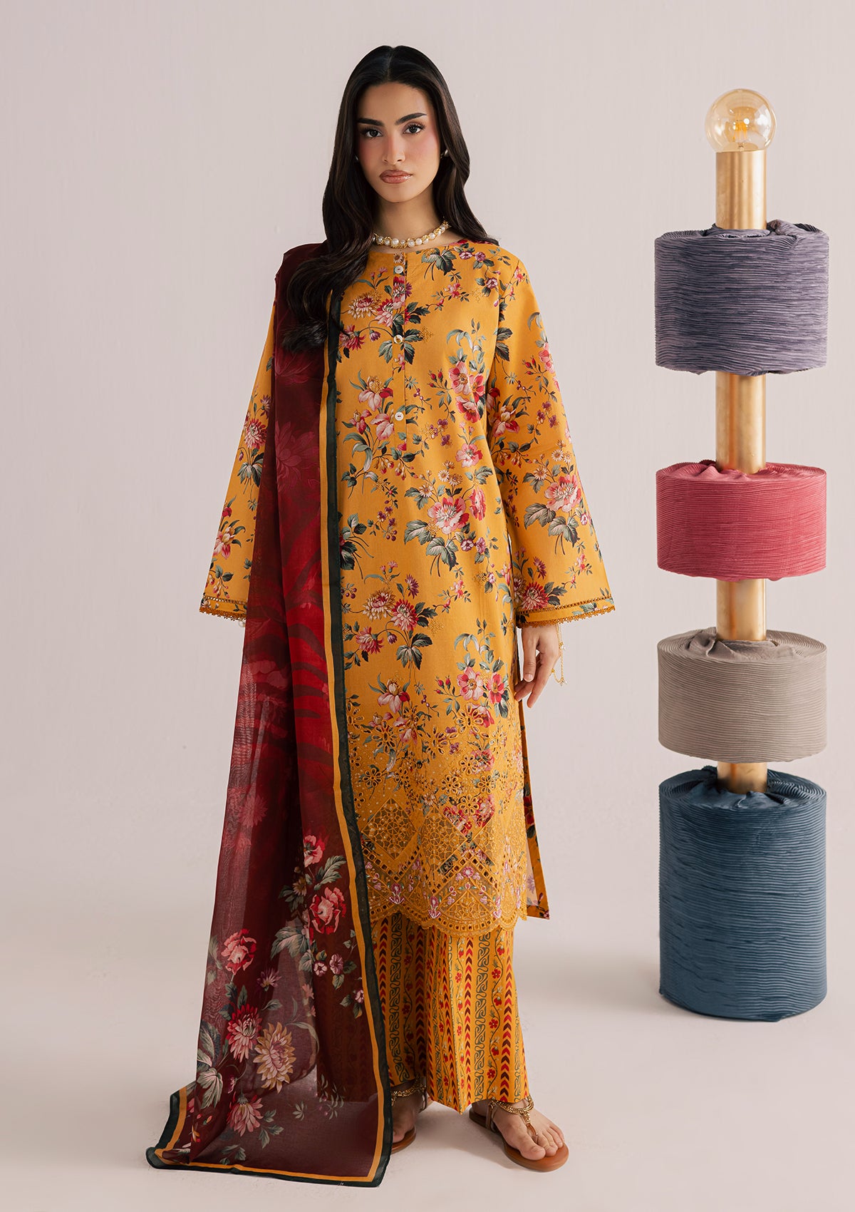 lawn Kurta Set in Yellow-orange