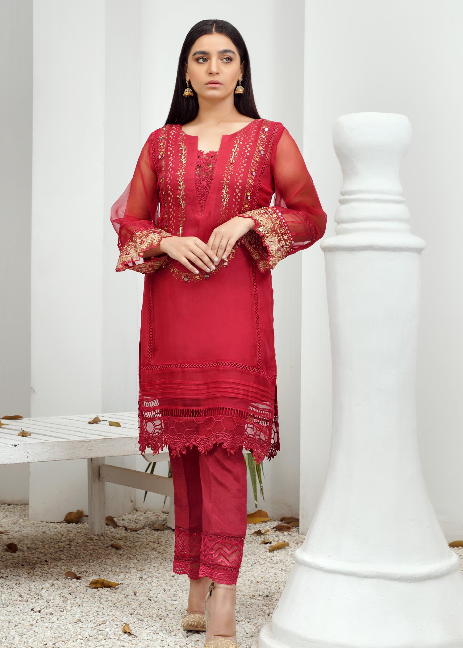 organza Kurta Set in Cherry red