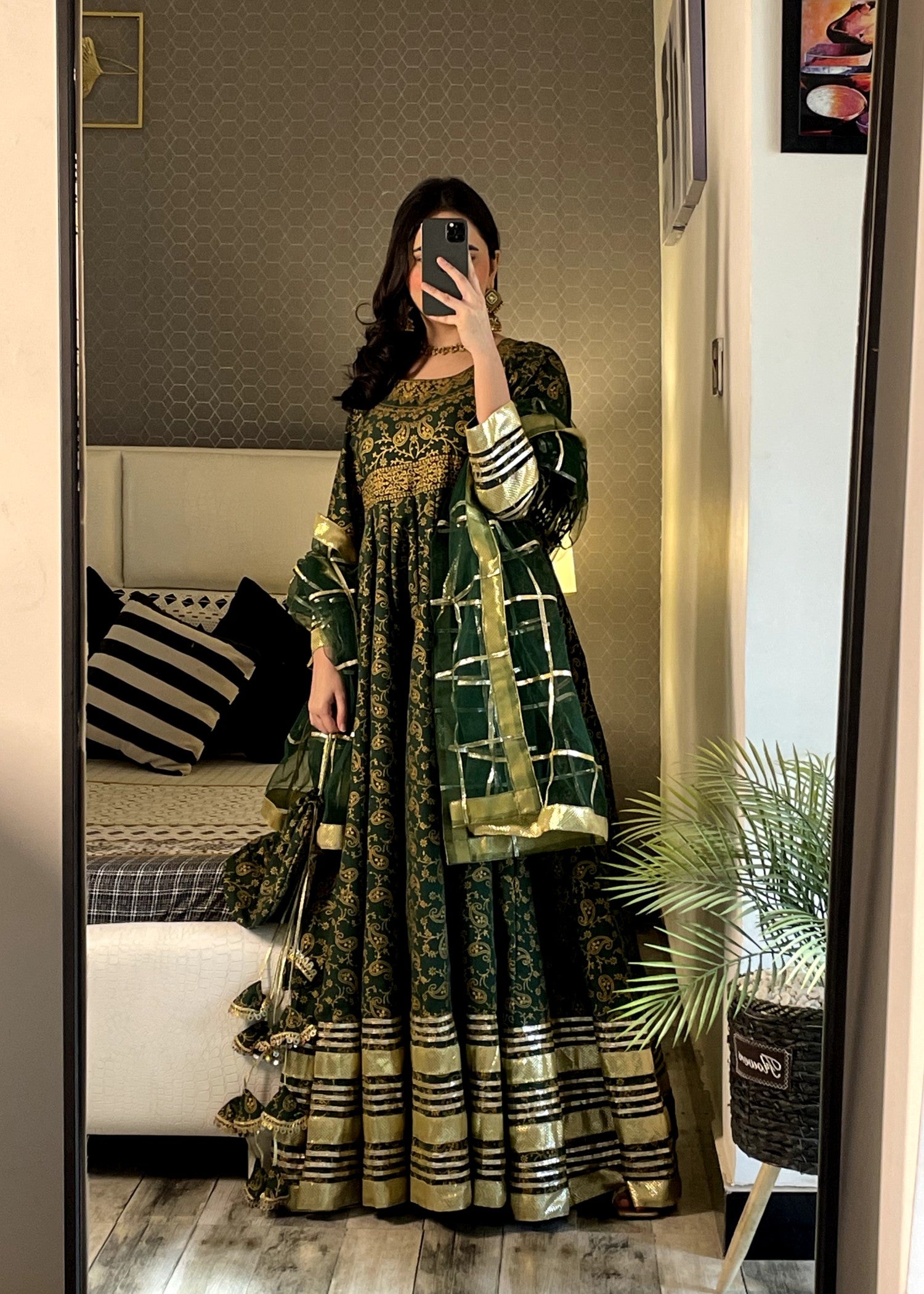 satin silk Anarkali in Bottle green