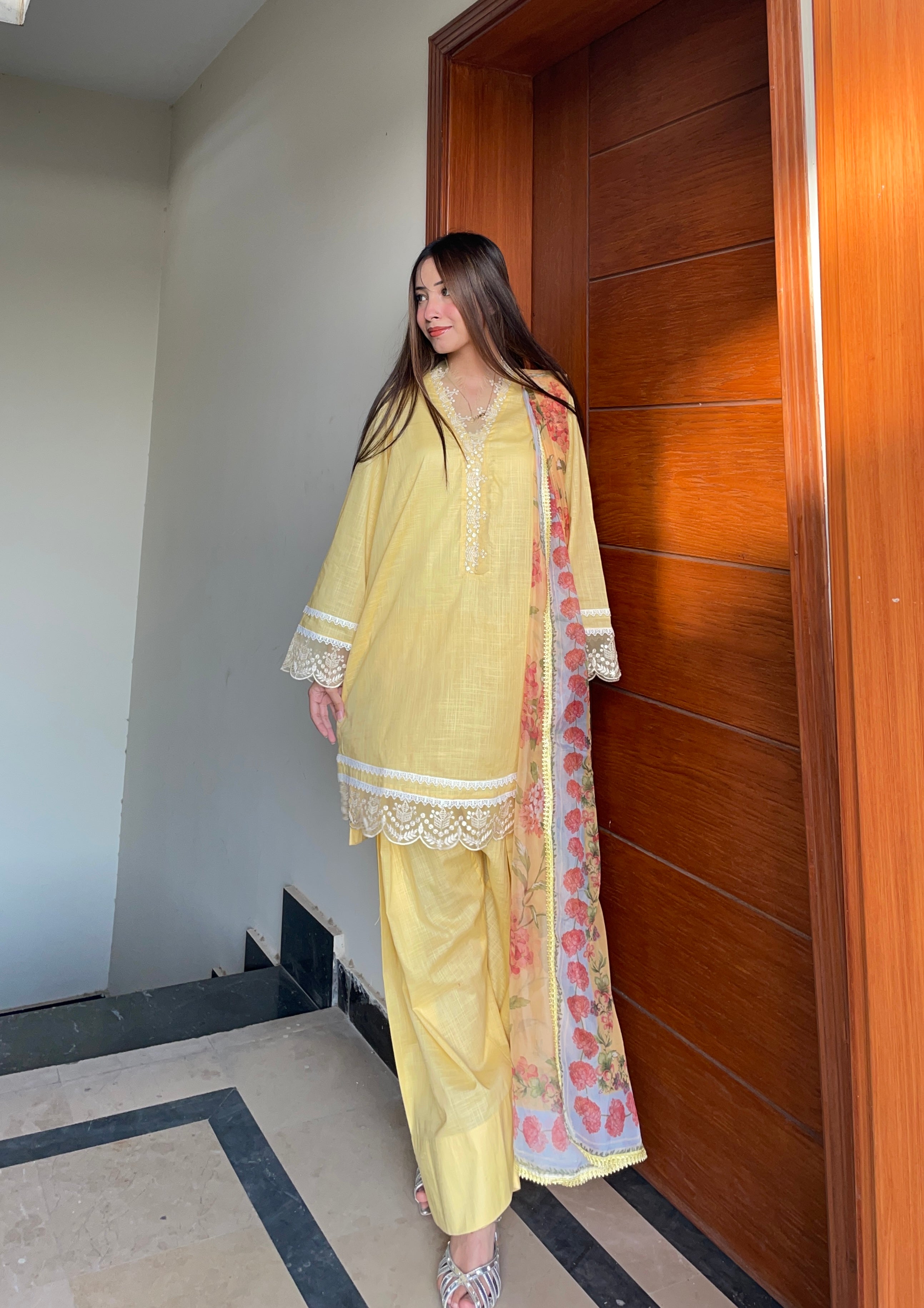 textured lawn Kurta Set in Pale yellow