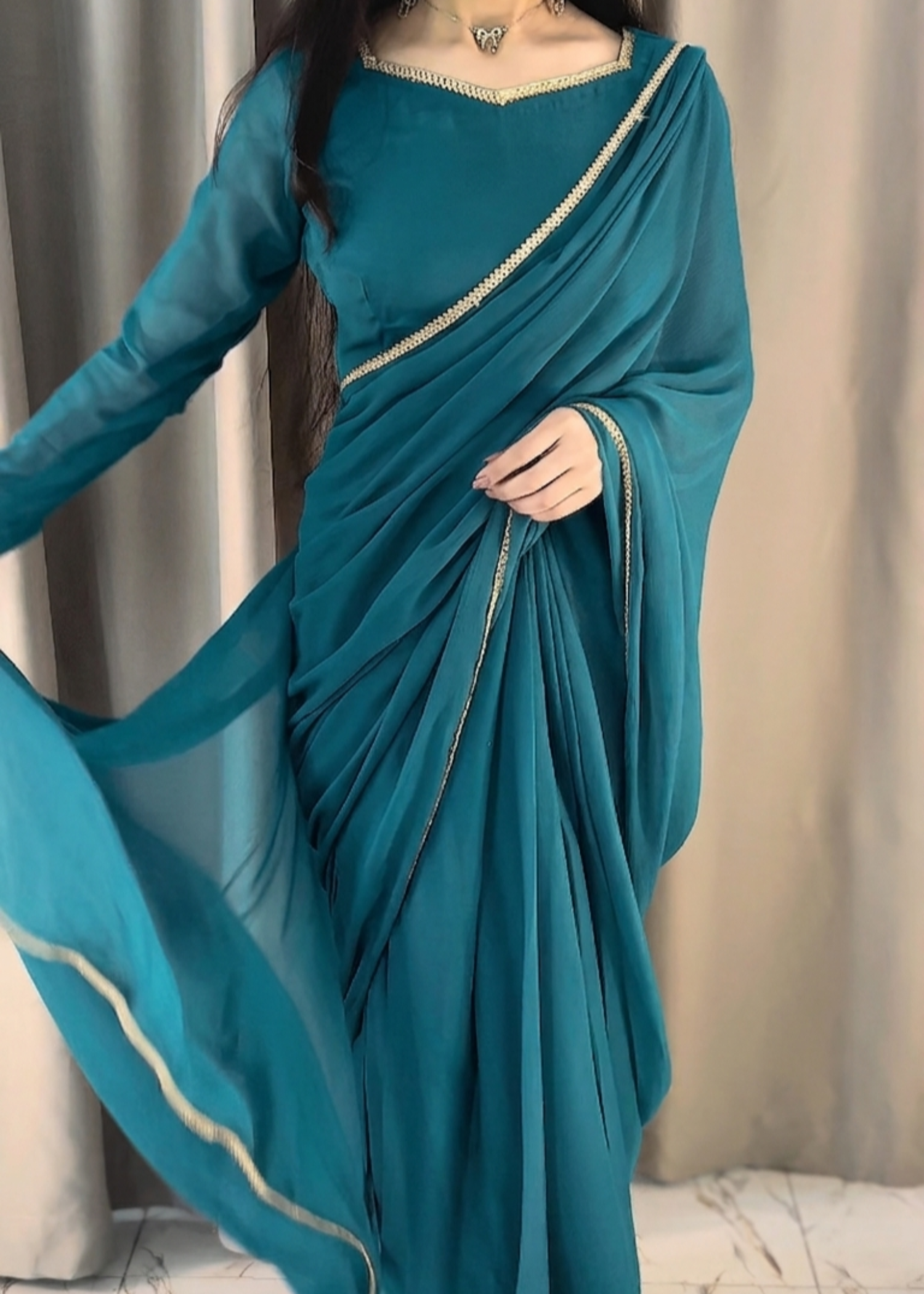 chiffon Saree in Teal
