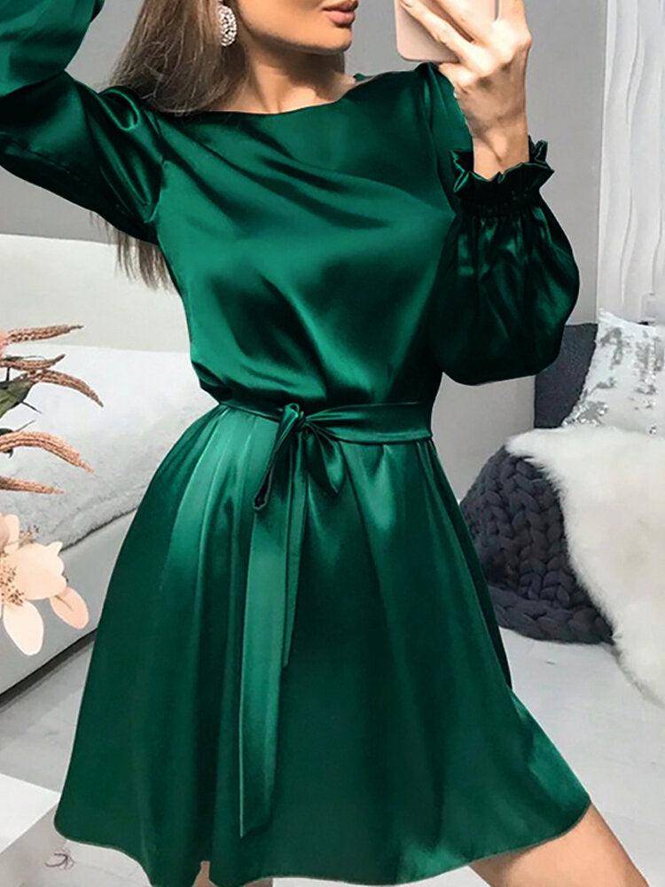 Women  Satin Solid Puff Sleeve Knee Length Midi Dresses