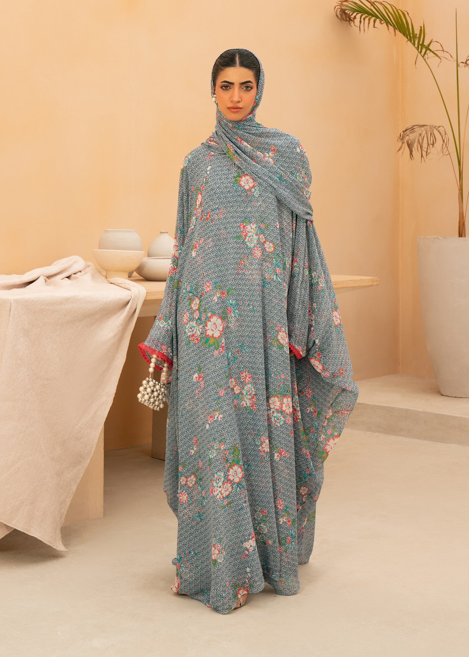 chiffon Abaya in Light blue, salmon, multi