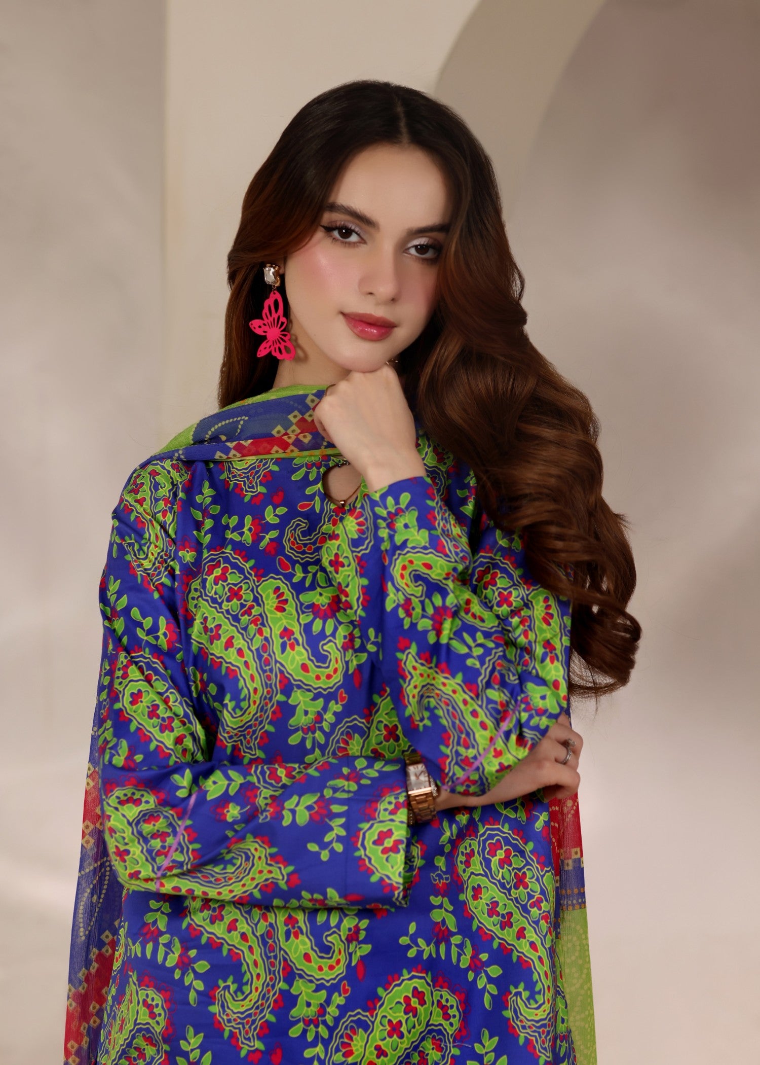 lawn Kurta Set in Apple green, dark blue