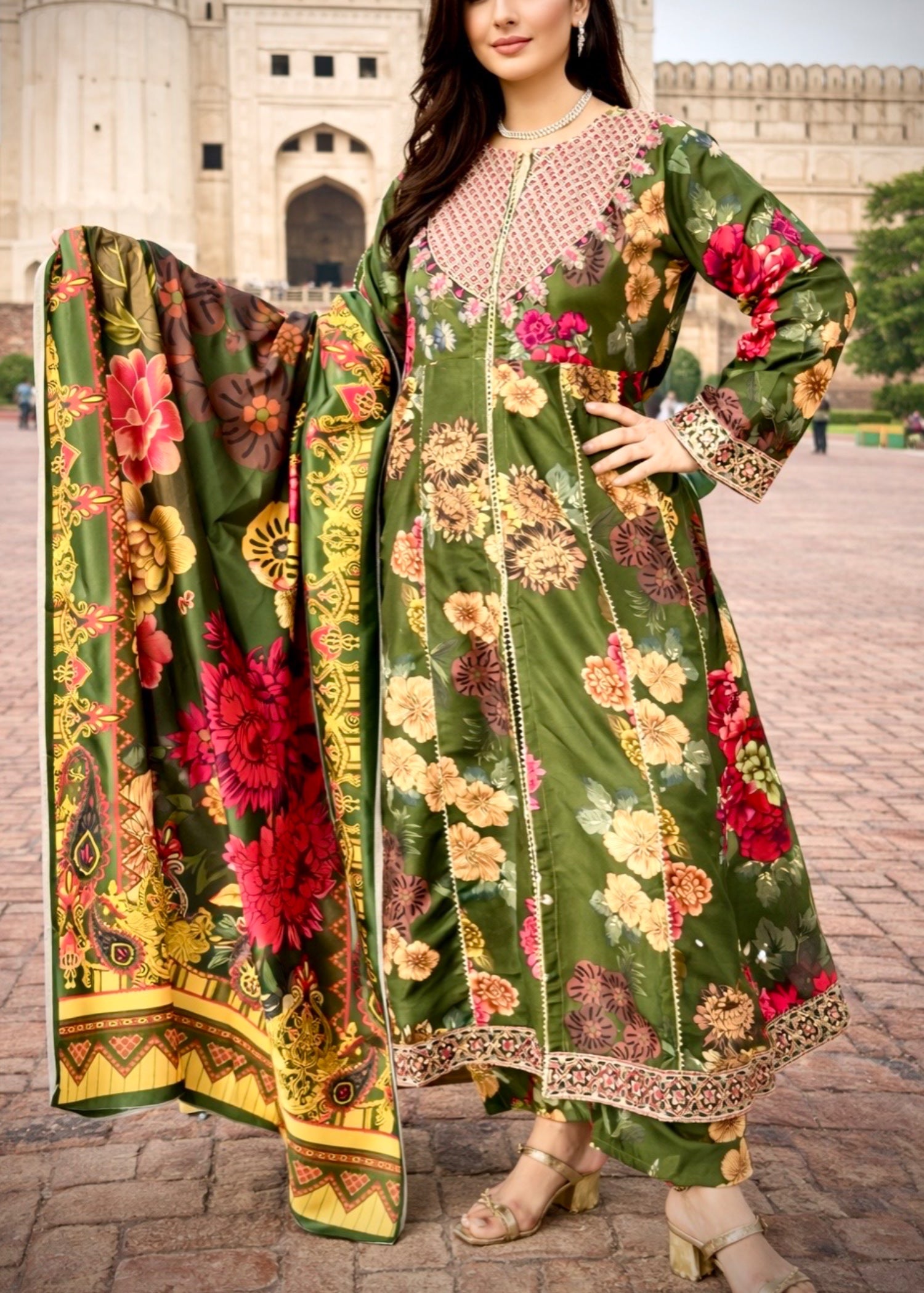 corduroy Anarkali in Bottle green